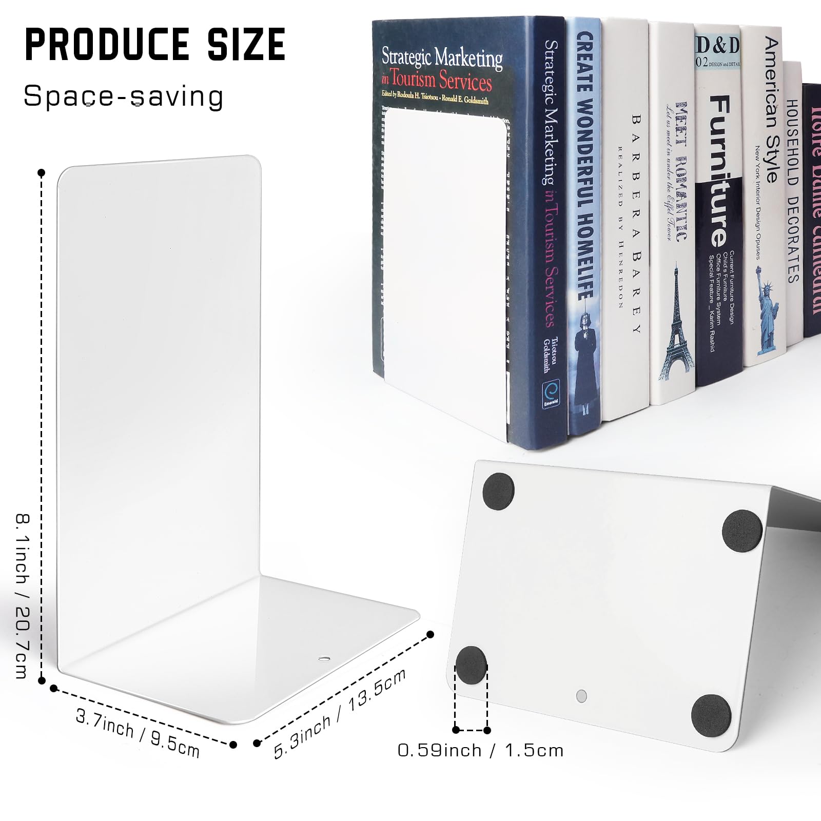 VONDERSO Fermalibri in metallo, 4 paia di fermalibri in metallo bianco, resistenti, per scaffali, decorazione per casa, ufficio, unici fermalibri bianchi, supporti antiscivolo per bambini