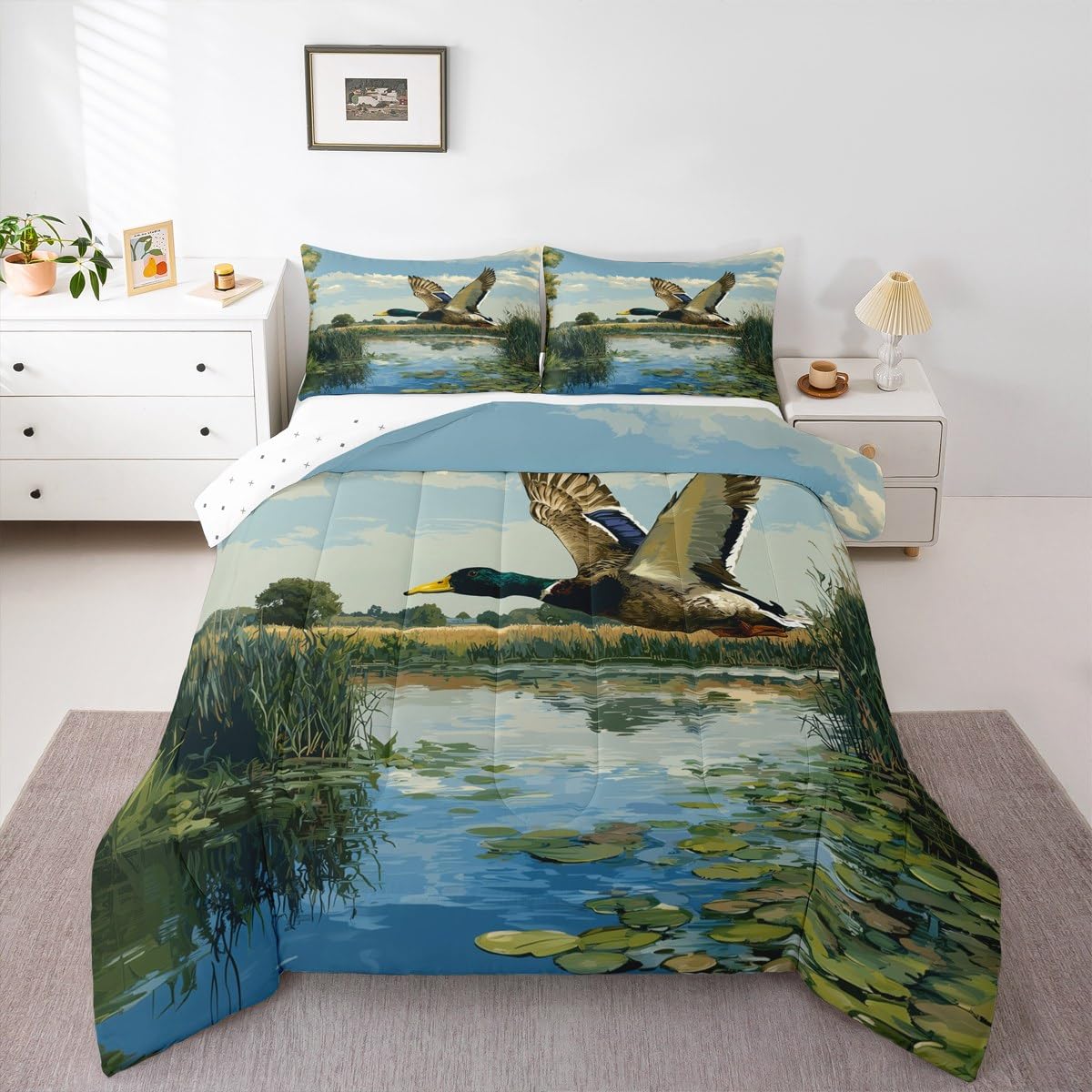 Homewish Zestaw pojedynczej kołdry z kaczką krzyżówką - leśna kaczka zestaw pościeli rustykalny styl farmhosue zestaw kołdry - naturalna kołdra bez pokrowca na morze wybrzeże