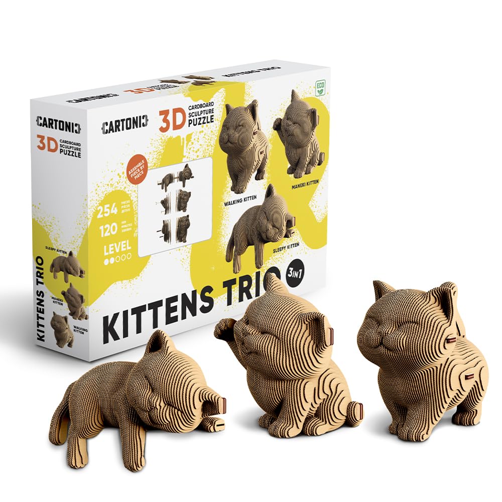 Gattini Trio Puzzle 3D in Cartone – Kit 3 Modellini | 254 Pezzi, Kit Fai da Te in Cartone Riciclato da Montare e Dipingere – Adolescenti e Adulti, Idea Regalo Creativo