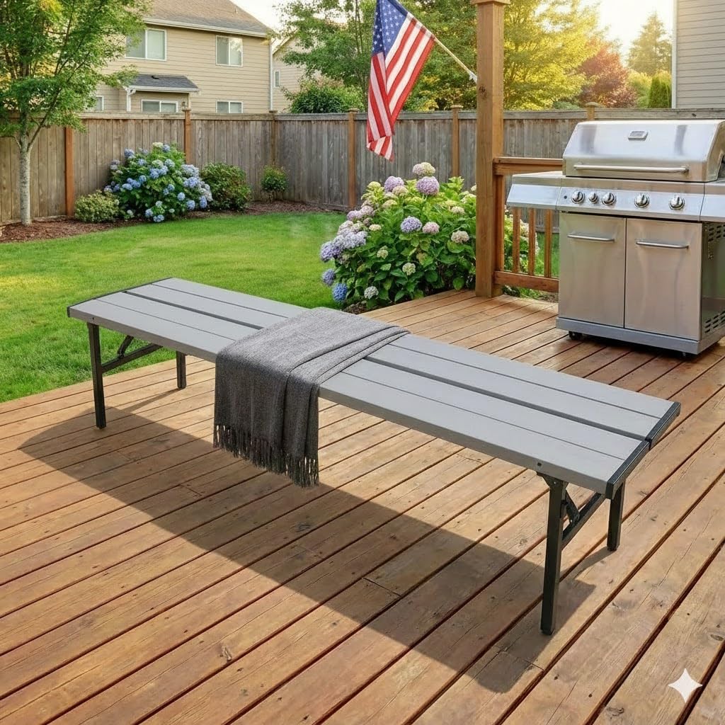 Collapsible Portable Picnic Table Benches, Folding Benches Seat for Outside Seating, Soccer, Sports Team Bench, Beach, Sideline, Camping, Foldable Bench Iron Tubes, Grey-59.25"