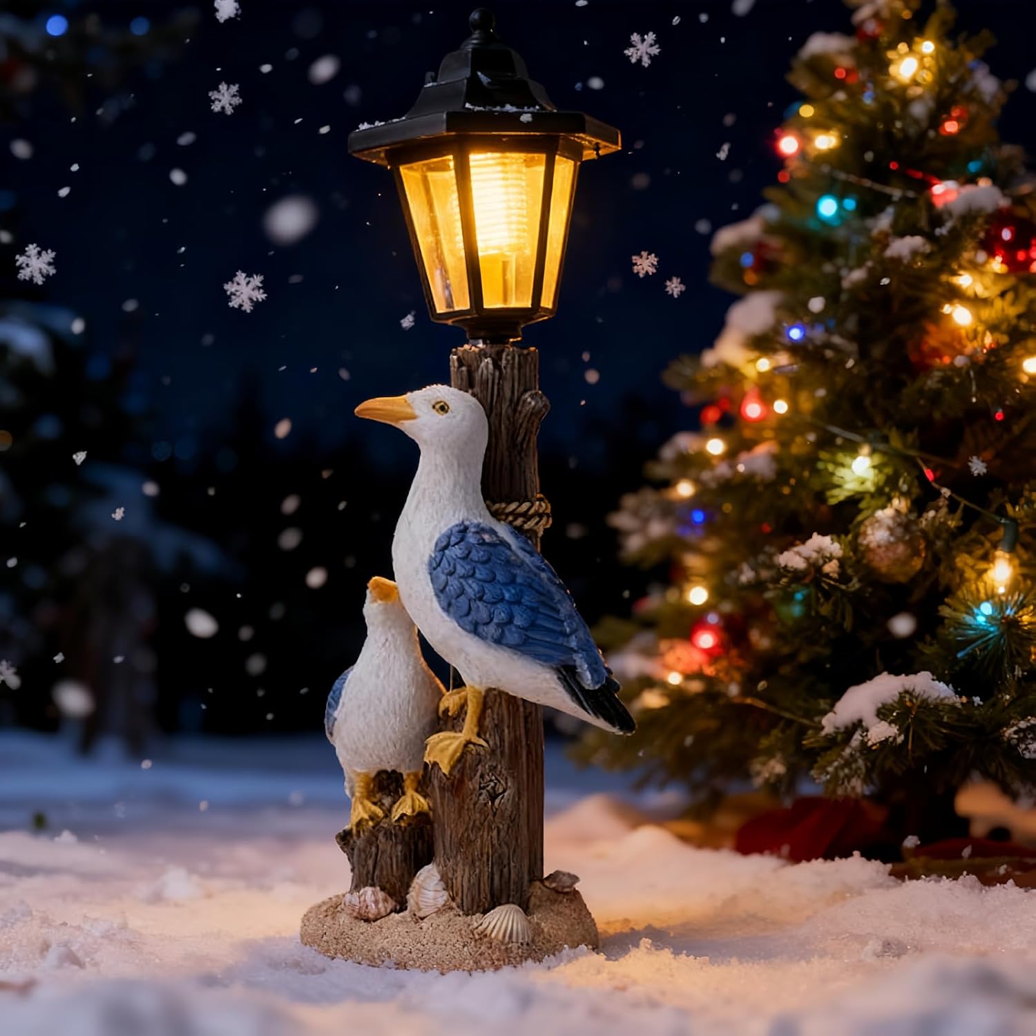 Solar Animal Statues with Lantern, Resin Seagull Seabird Figurine with Solar LED Light Mediterranean Style Sculptures for Porch Patio Balcony Yard Decor Outdoor Garden Decoration Ocean Bird Ornaments