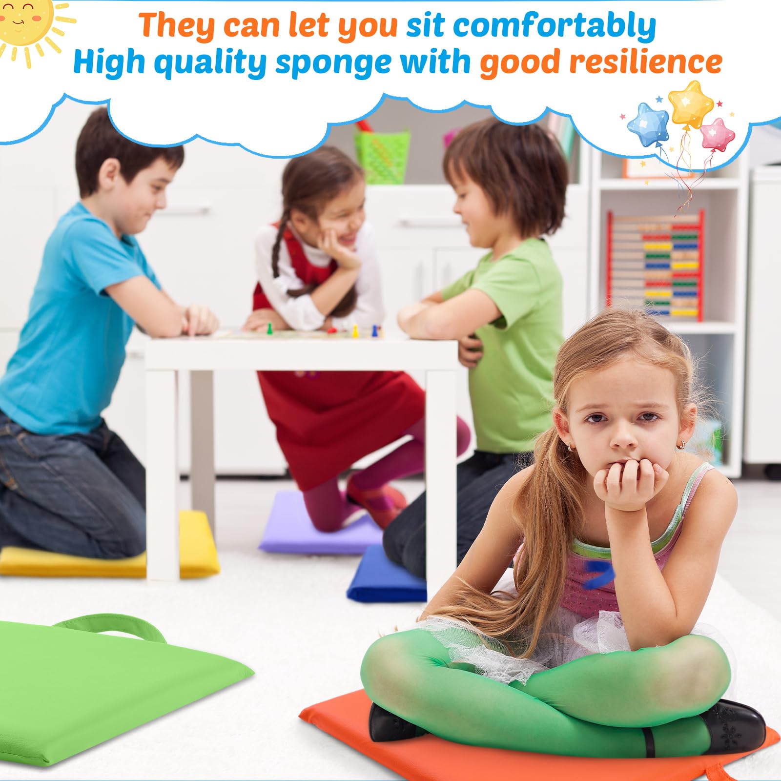 Cuscini quadrati da pavimento per bambini in classe 30 * 30 cm Sedute flessibili da pavimento Elementari con maniglie Cuscini da pavimento per adulti e bambini piccoli Asilo nido(Bright Color)