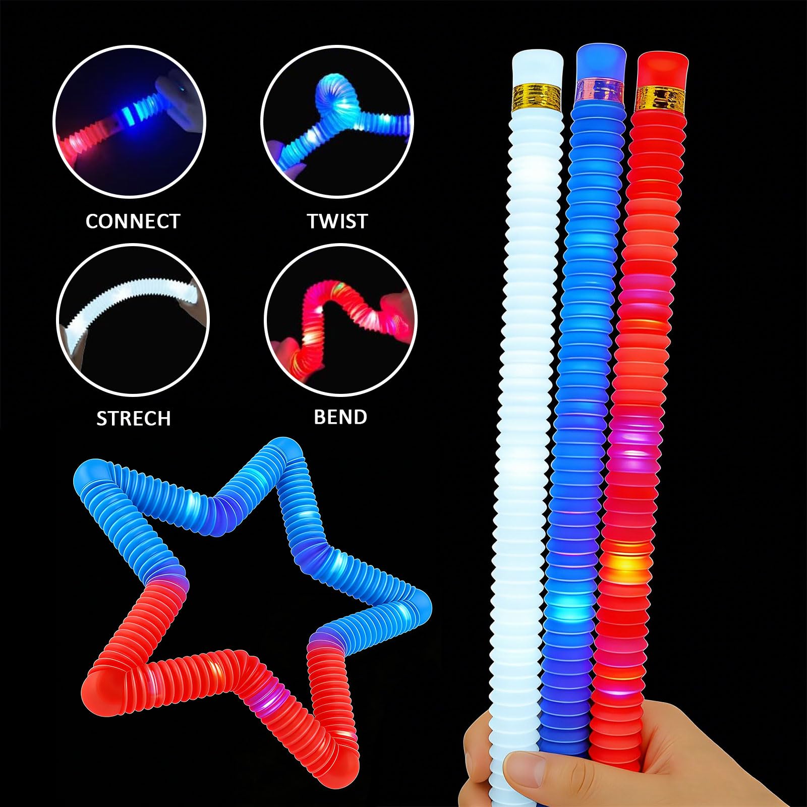 Juego de 12 varillas brillantes patrióticas rojas, blancas y azules para suministros de fiesta del 4 de julio, collares y pulseras que brillan en la oscuridad, decoraciones del Día de la