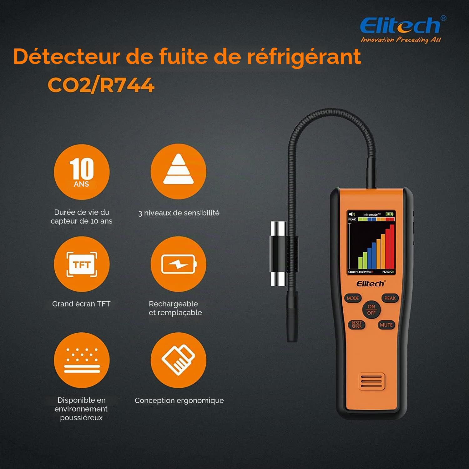Elitech Détecteur de réfrigérant CO₂ Infrarouge - Moniteur de dioxyde de Carbone Portable Haute précision pour systèmes HVAC avec écran LCD et Alarme