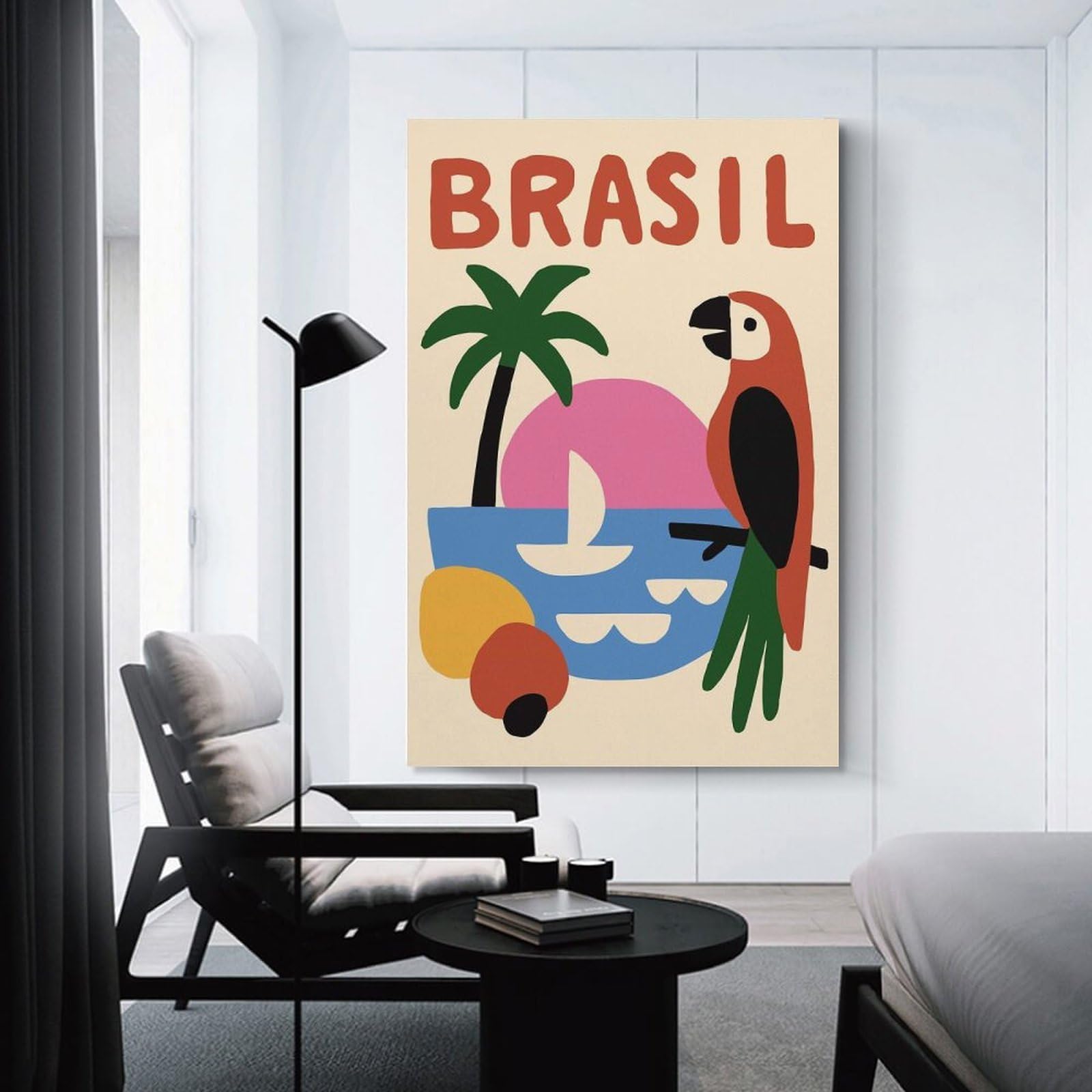 Junmoney Brasil Illustration with Parrot And Beach Home Decor Wall Art, 20x30inch(50x75cm), for Wall Displays, Bedrooms Or Room Updates, Ideal for Building A Coordinated Art Wall