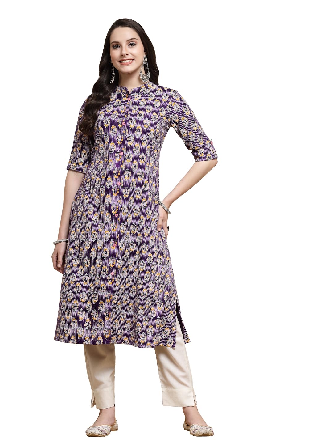 Stylum Women's Floral Printed Rayon A-Line Kurta (Mercury40_Purple, L)