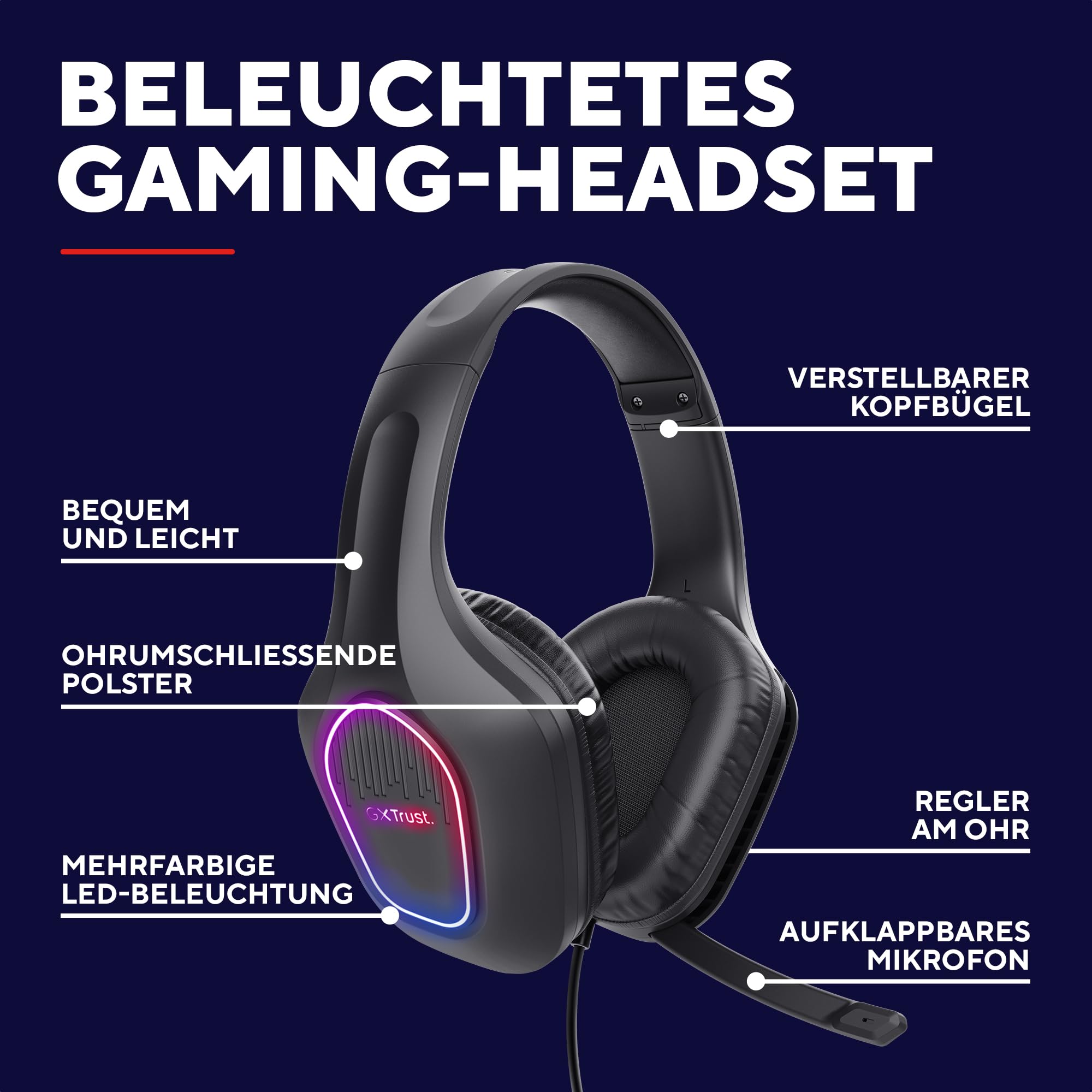 GXTrust Rayne Leichtes Gaming Headset mit USB-betriebene LED Beleuchtung | Over-Ear, für PC Computer Laptop Konsole, 50-mm-Treiber, 3,5 mm Audioanschluss, Kopfhörer mit Kabel, Schwarz