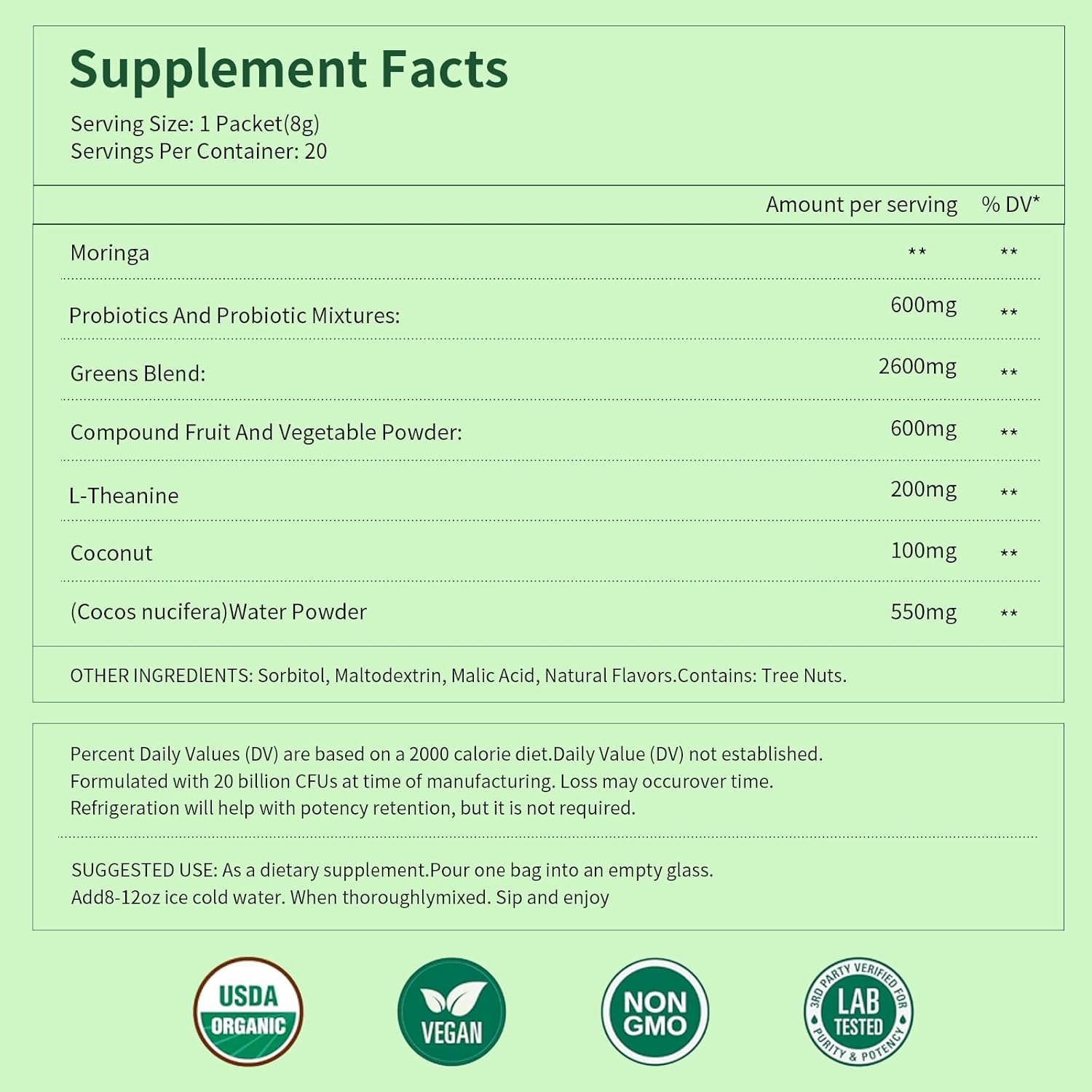 Organic Super Greens Powder, Greens Superfood Powder for Digestion, Gut Health, Immunity & Energy with Probiotics, Moringa, Spirulina Chlorella - Gluten Free, Green Juice 20 Servings - Image 5