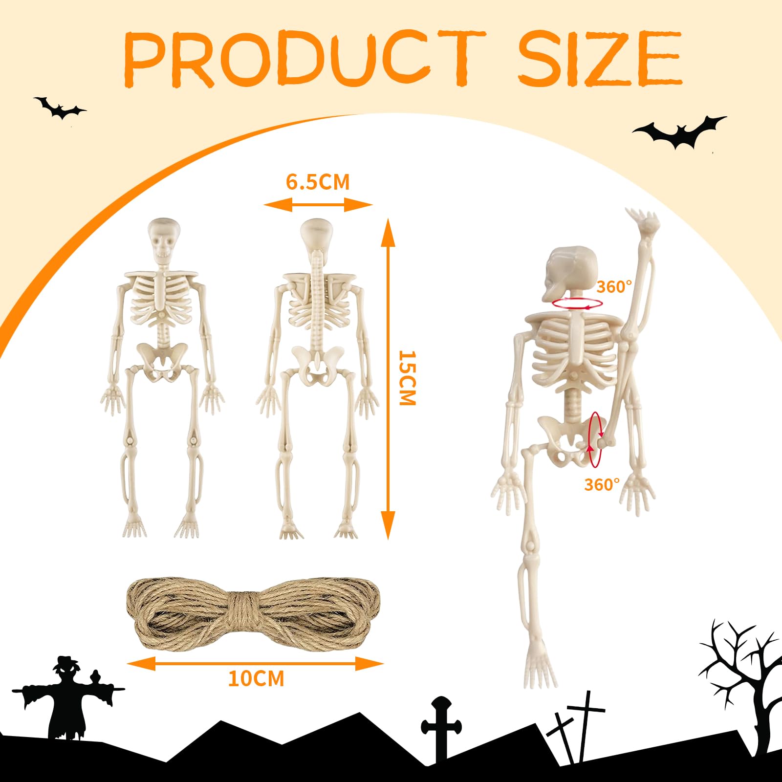 Hebterrka 8 sztuk dekoracyjnych mini szkieletowych figurek na Halloween, 15 cm, wysuwane plastikowe szkielety na straszną dekorację domu na Halloween, dekoracja domu duchów i prezenty na imprezę