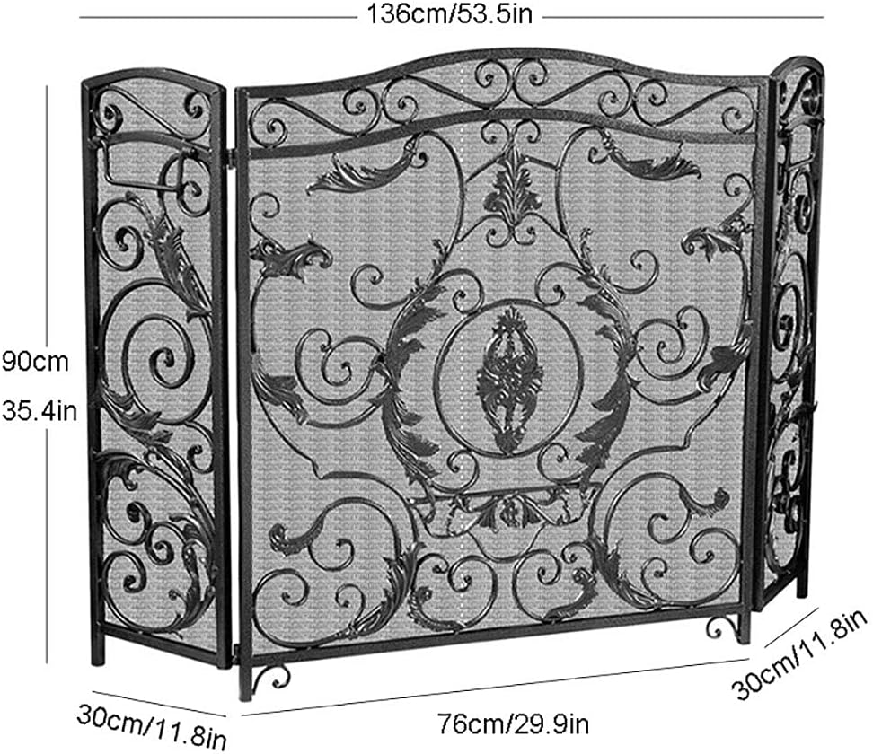 Fireplace Screen Guard, FireplaceProtection Wrought Iron 3 Panel Fire Screen， Baby Safe Vintage Solid 90cm Tall FenceGuard， Decorative Mesh for Gas/Stove Fire Place (Color : an