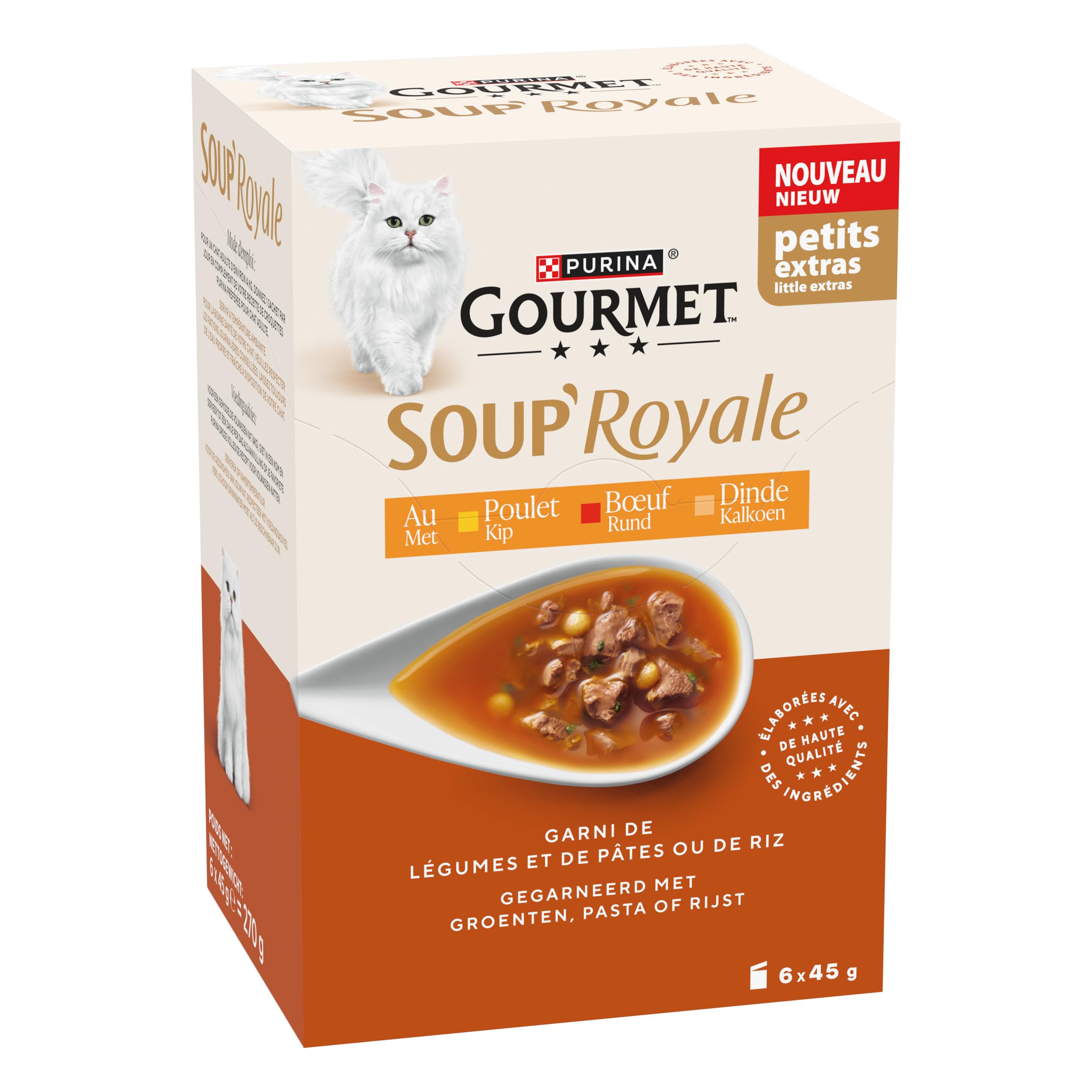 GOURMET | Soup Royale | Soupe Exquise à la Viande | Aliment Complémentaire Humide pour Chat Adulte| Elaboré avec des ingrédients de Haute Qualité | Poulet, Dinde, Bœuf | Sachets Fraîcheur | 6 x 45g