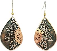Handmade Solid Copper Sunflower Teardrop Earrings - Rustic Antique Patina, Raised Motif, UrbanroseNYC Flora Fauna Collection