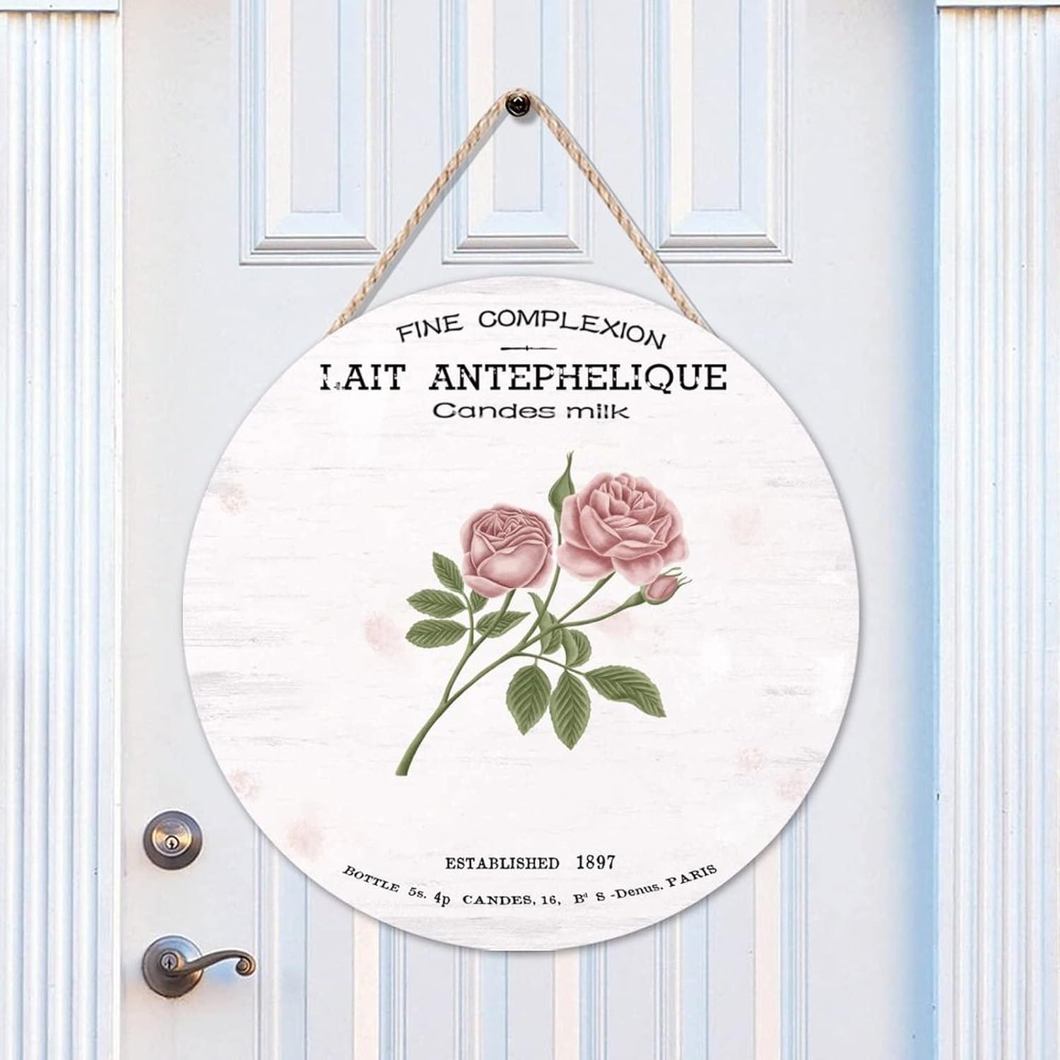 French Vintage Flower Front Door Round Wood Sign, Retro Wood Door Sign, 16x16in Floral Wall Door Hanging Sign for Front Door Entryway Porch Bar Pub Housewarming Gifts
