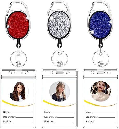 HASFINE Paquete de 3 carretes retráctiles para tarjetas de identificación, hechos a mano, con diamantes de imitación brillantes con clip para