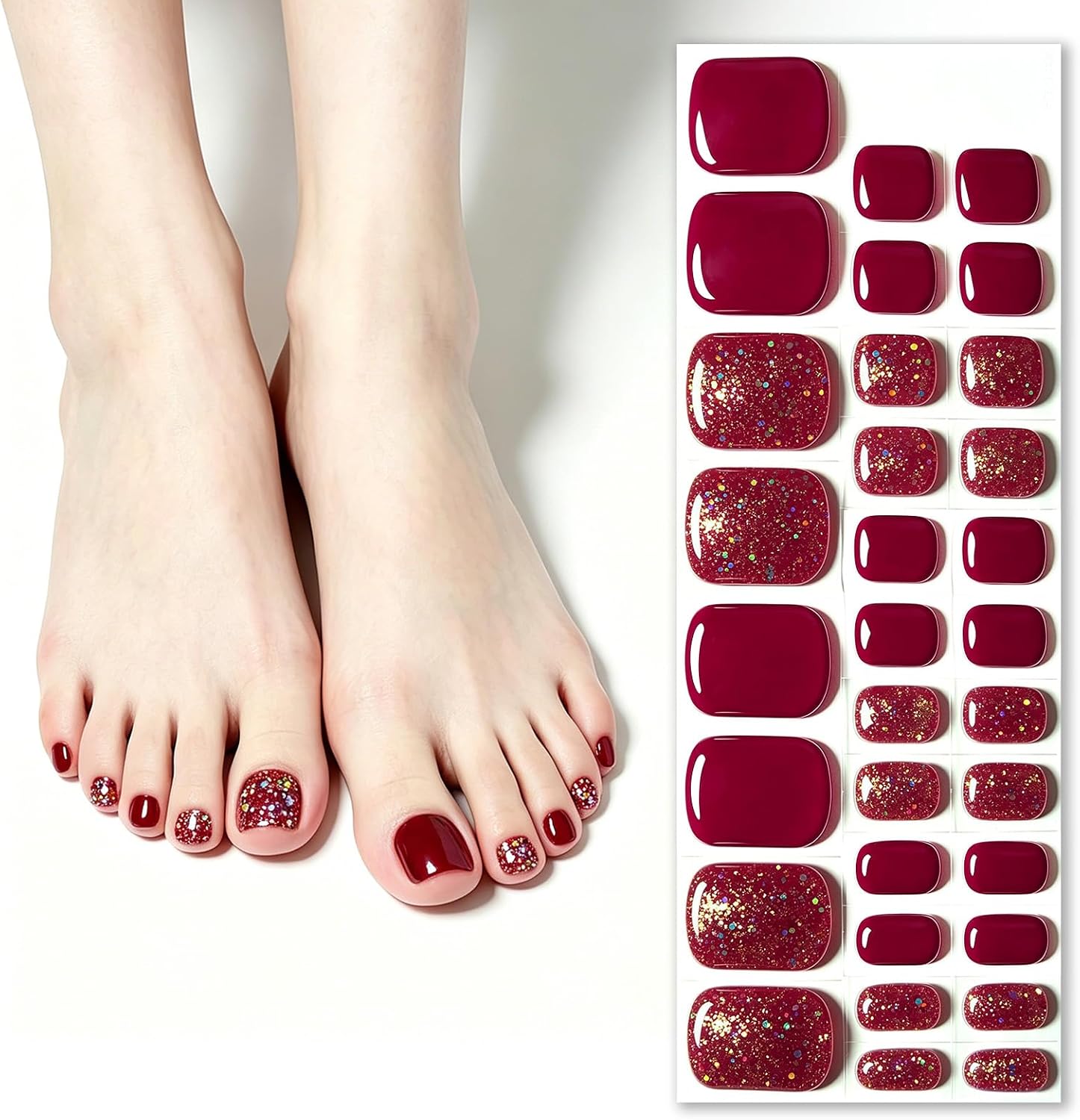 32 Pcs Semi-Cured Gel Toe Nail Strips, Salon-Thick Pedicure Wraps with Seamless Tapered Edge, UV-Activated Hardening Polish Stickers for Vacation and Open-Toe Shoes (Golden red)