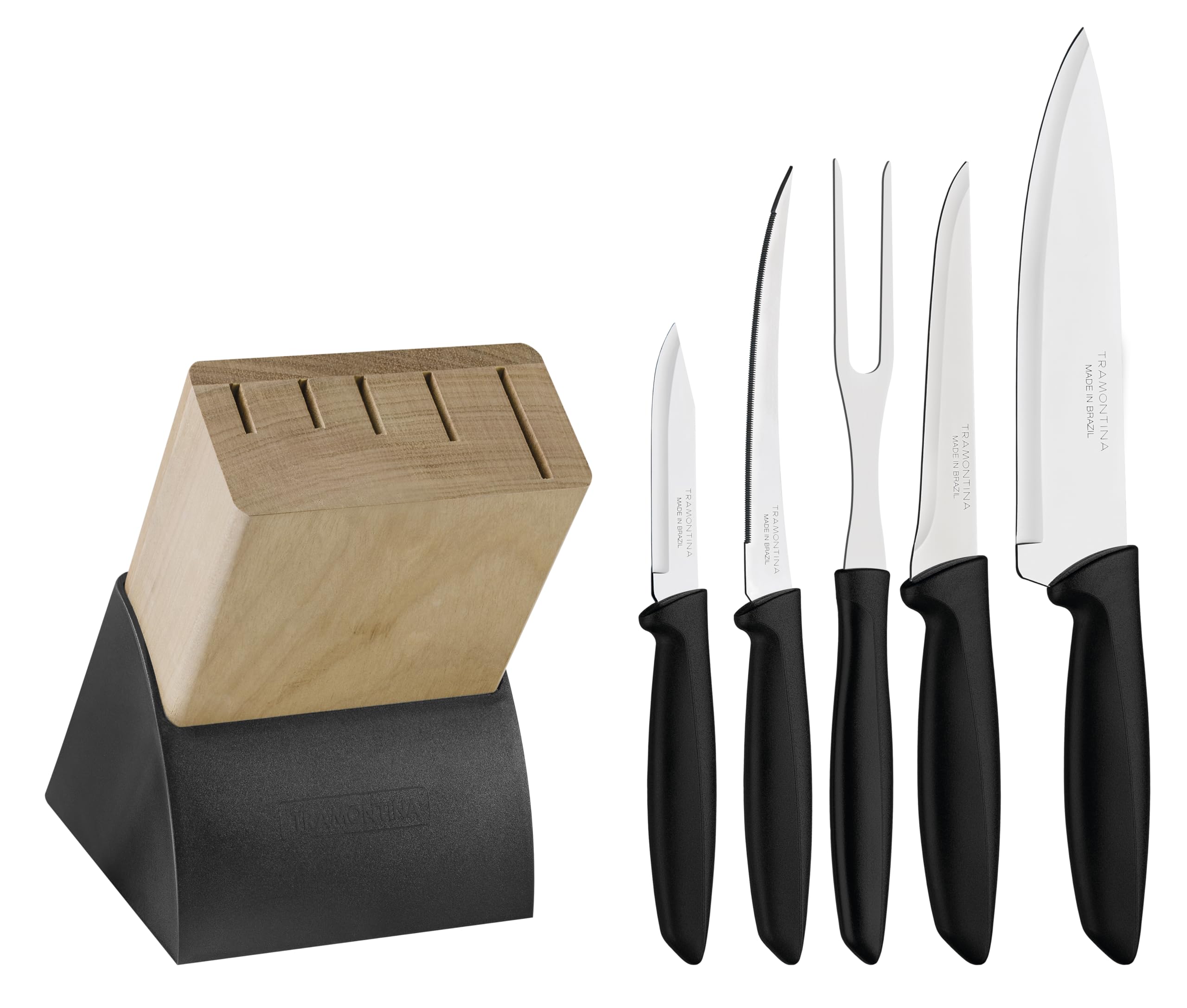 Tramontina Plenus 6 Pieces Knife and Block Set with Stainless Steel Blade Black Polypropylene Handle