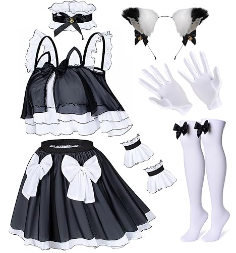 Wannsee Women's Anime Crop-Top Maid Fancy Princess Skirt Cosplay Costume Furry Cat Ear Gloves Socks Set - 3X-Large - Black