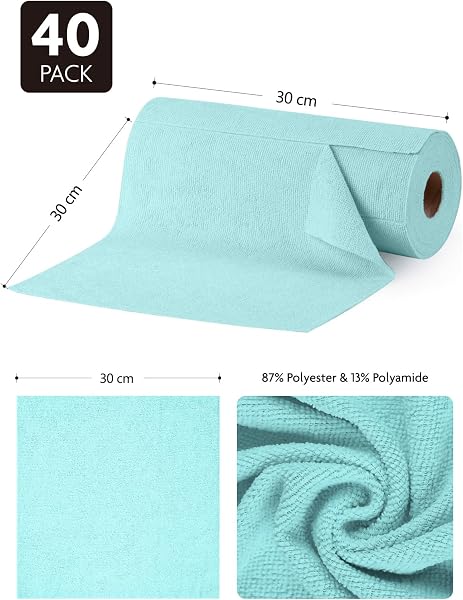 Fantasticlean Paños de Limpieza 40 Unidades, Rollo de Paño de Microfibra Rasgable, Trapos Reutilizables y Sin Pelusas 30 x 30 cm - Azúl - 2