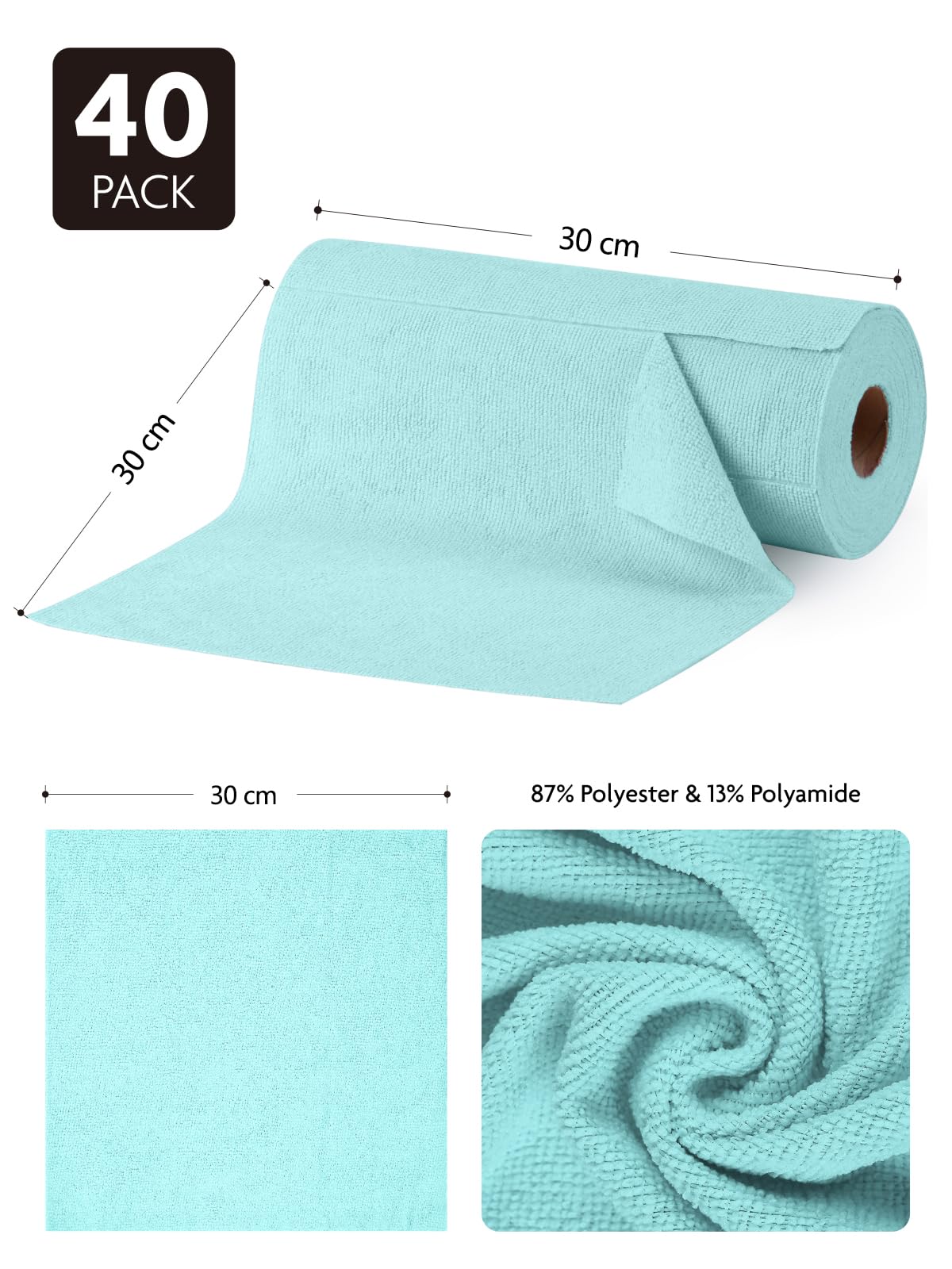 Fantasticlean Paños de Limpieza 40 Unidades, Rollo de Paño de Microfibra Rasgable, Trapos Reutilizables y Sin Pelusas 30 x 30 cm - Azúl — view 2