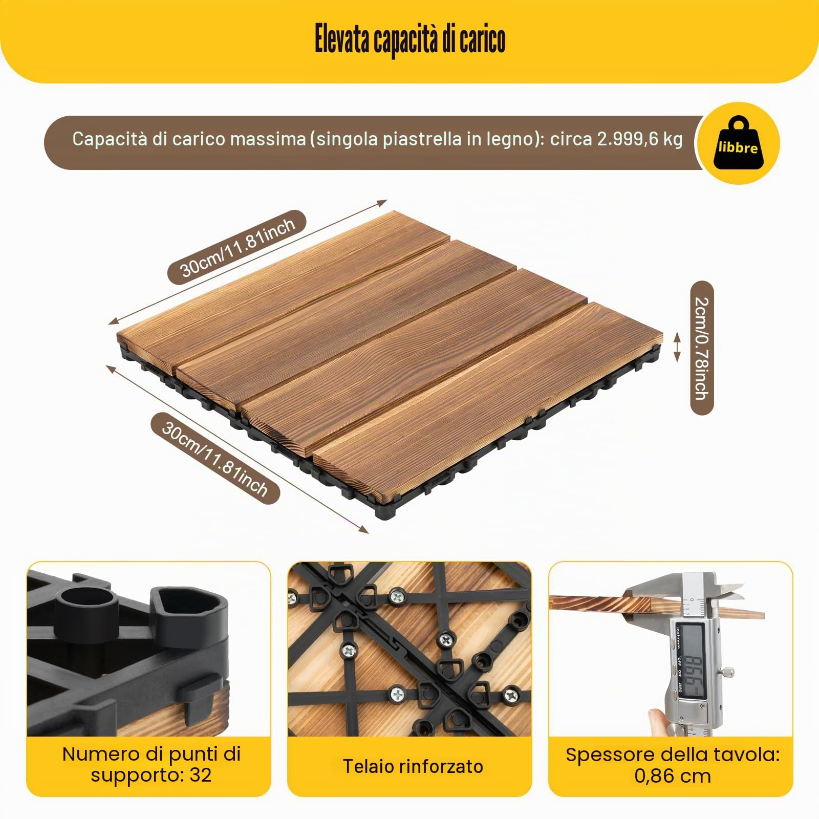36 piastrelle in legno duro ad incastro per terrazze, impermeabili, in legno di acacia, piastrelle quadrate da 12 x 12 pollici