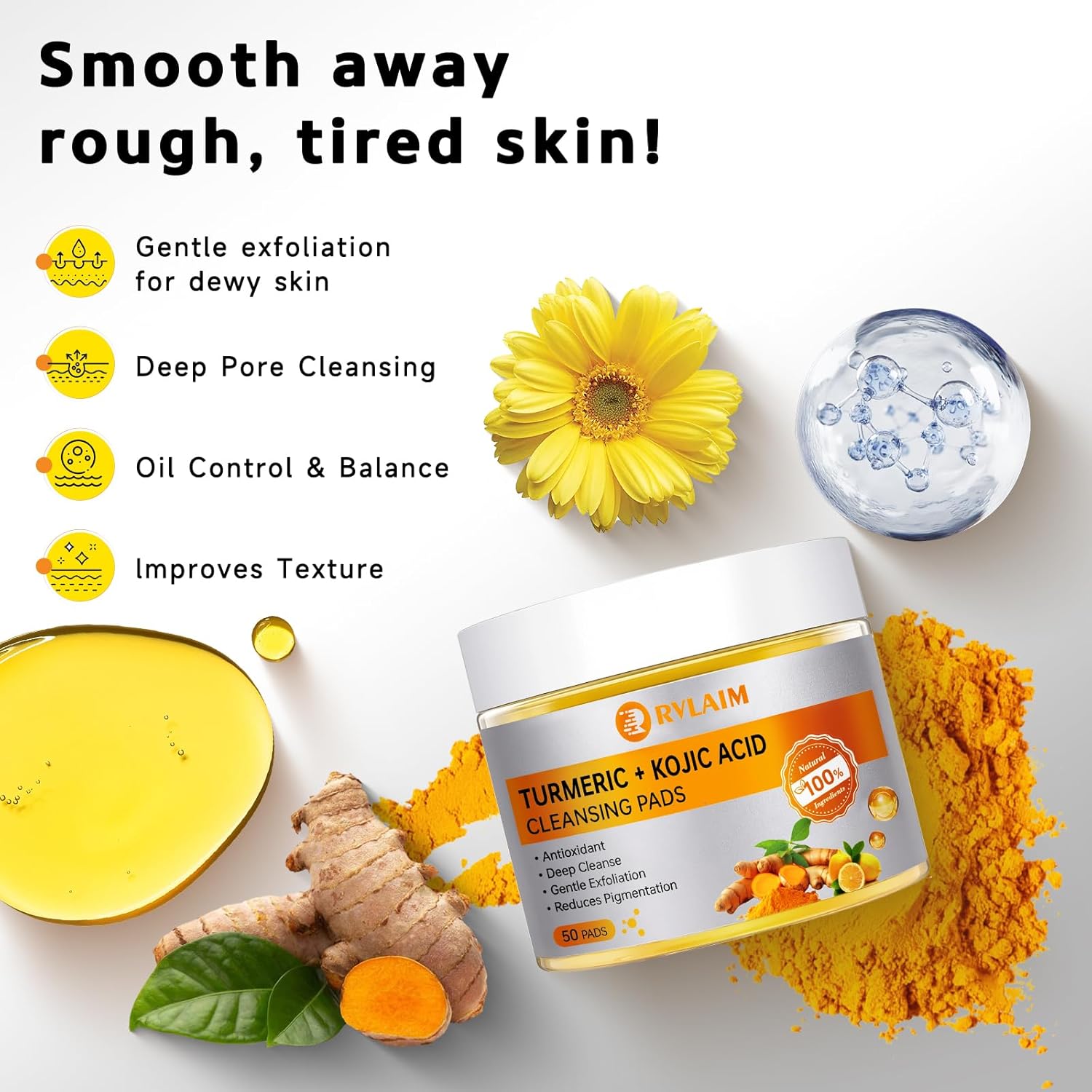 Turmeric Kojic Acid Cleansing Pads, 50 PCS Turmeric Pads for Face Dark Spots Cleansing & Exfoliation - Image 4