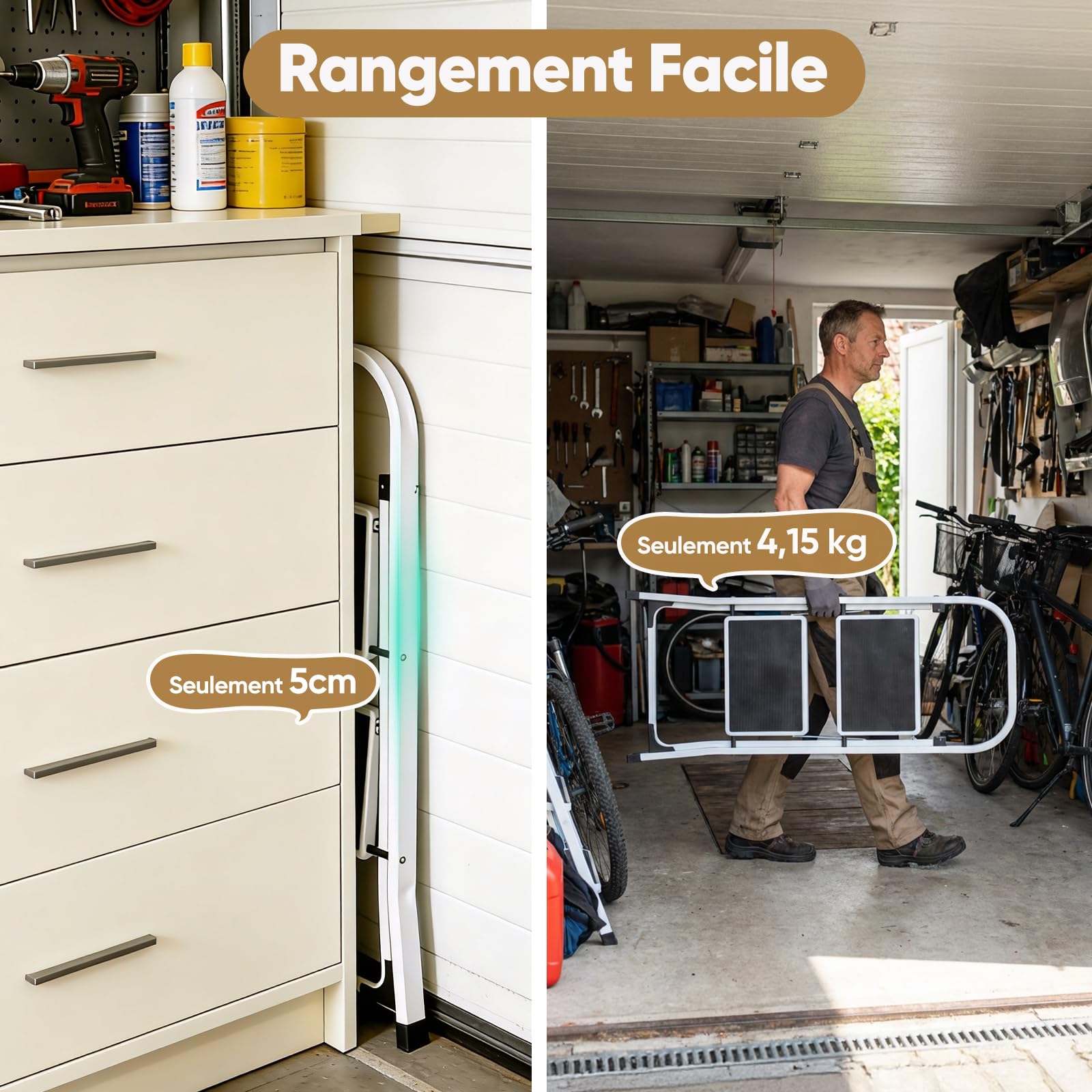 Sekey Escabeau 2 Marches Pliable, Petit Escabeau Pliable Compact, Marchepied Escamotable en Acier Sécurisé, Antidérapant pour Usage Domestique, Certifié SGS EN14183, Charge Maximale 150 kg