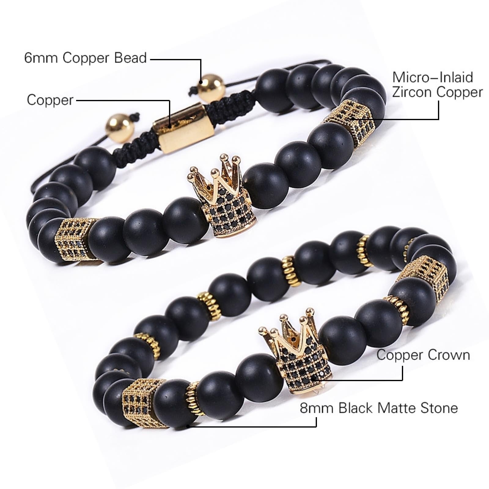 Wycian Perlen für Armbänder Naturstein, Armband Schwarz Elegant Kristall Metalllegierung Elastische Natursteinperlen mit Krone 18cmx8mm Naturstein Hochzeit