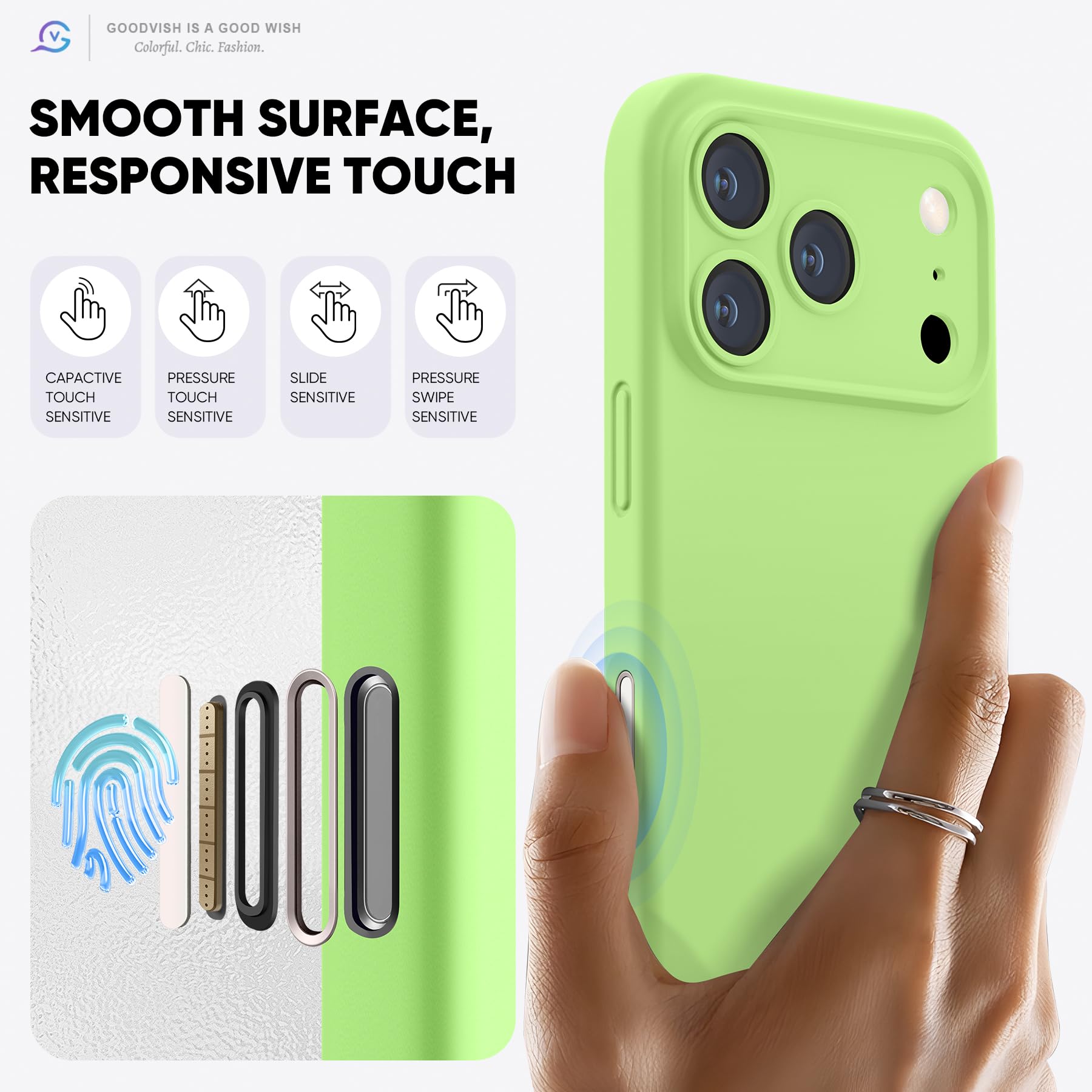 GOODVISH Silicone Cover per iPhone 17 Pro 6.3", Custodia con 2x Vetro Temperato [Pulsante Controllo Fotocamera] 360° Protezione Anticaduta Case per Cellulare Antiurto Resistente, Verde Primavera