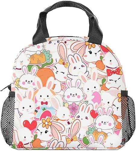 Lonchera de conejo para niños, pequeña bolsa de almuerzo aislada, bonita lonchera reutilizable para niñas, bolsas de almuerzo congelables blancas