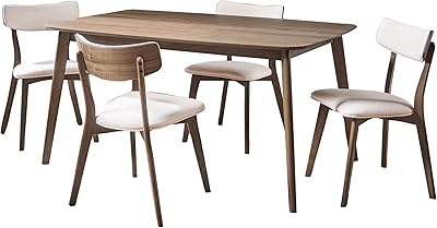 Christopher Knight Home Alma Mid-Century Wood Dining Set with Fabric Chairs, 5-Pcs Set, Natural Walnut / Light Beige