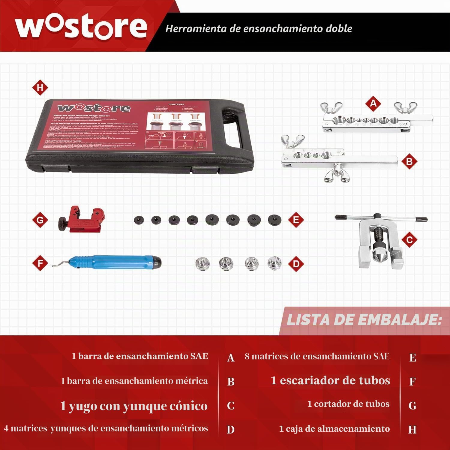 Wostore Kit Profesional de línea de Freno para bengalas Individuales, Dobles (SAE) y bengalas de Burbujas (ISO) con Cortador de Tubos, escariador de Tubo para 3/16-5/8 Pulgadas, 7 tamaños