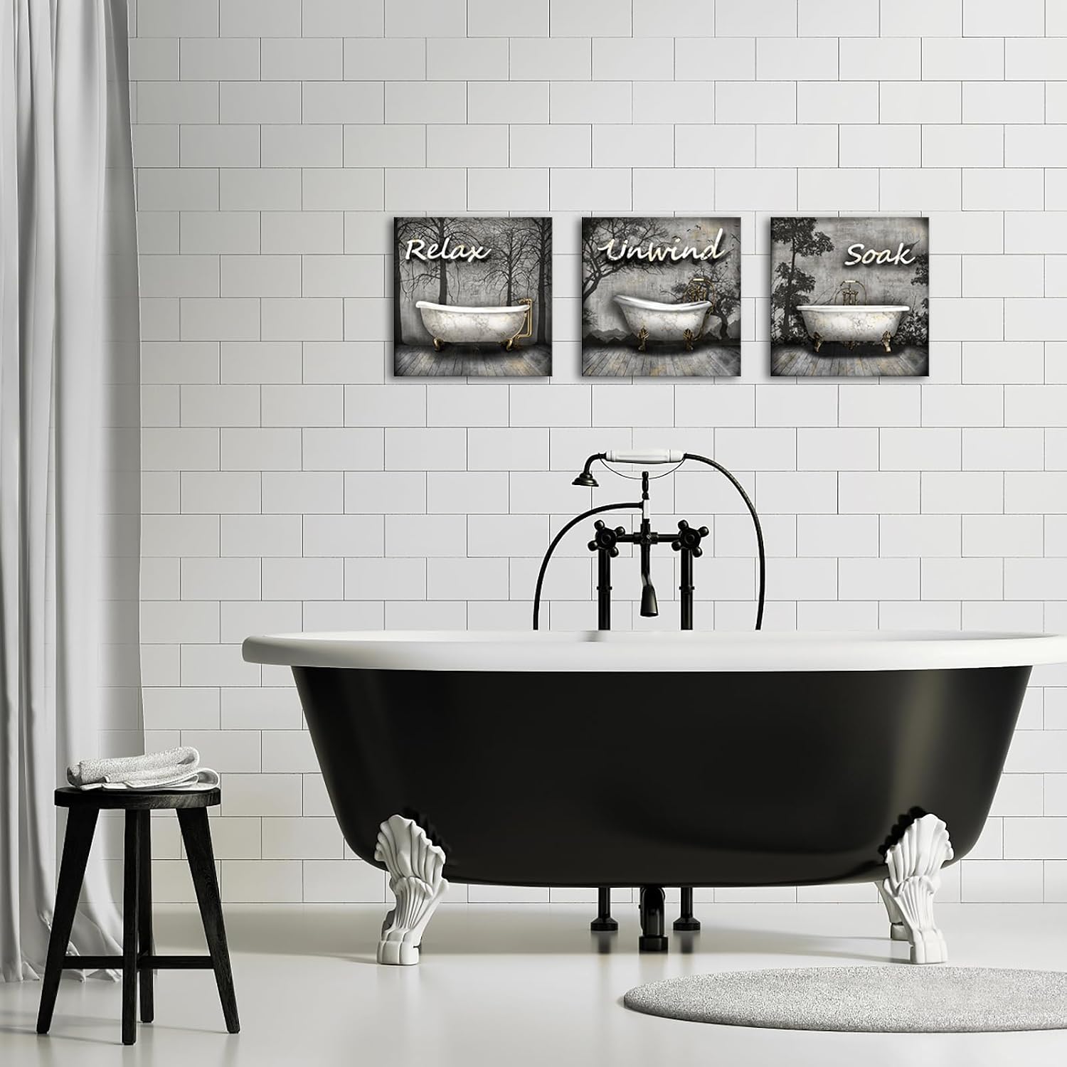OuElegent Bathroom Canvas Wall Art Black and Gray Relax Soak Unwind Inspiring Print Rustic Bathtub Painting Pictures Vintage Bathtub Art for Home Decor Framed 12"x12"x3pcs