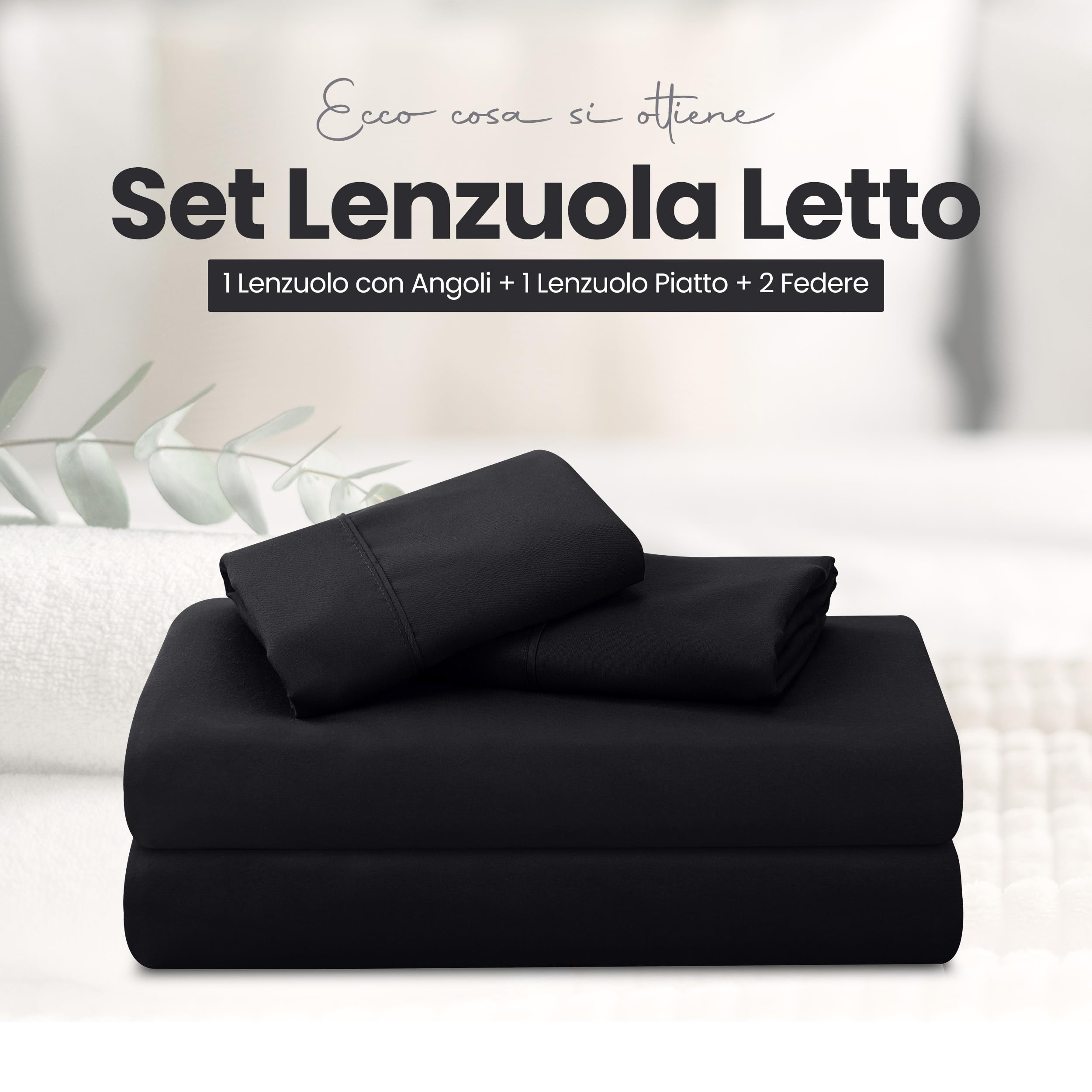 Utopia Bedding - Set Lenzuola Letto Una Piazza e Mezza 4 Pezzi 135x190 cm - Spazzolata Poliestre di Microfibra - Oeko-Tex Certificato - Lenzuolo con Angoli, Lenzuolo Piatto e 2 Federe 50x75, Nero
