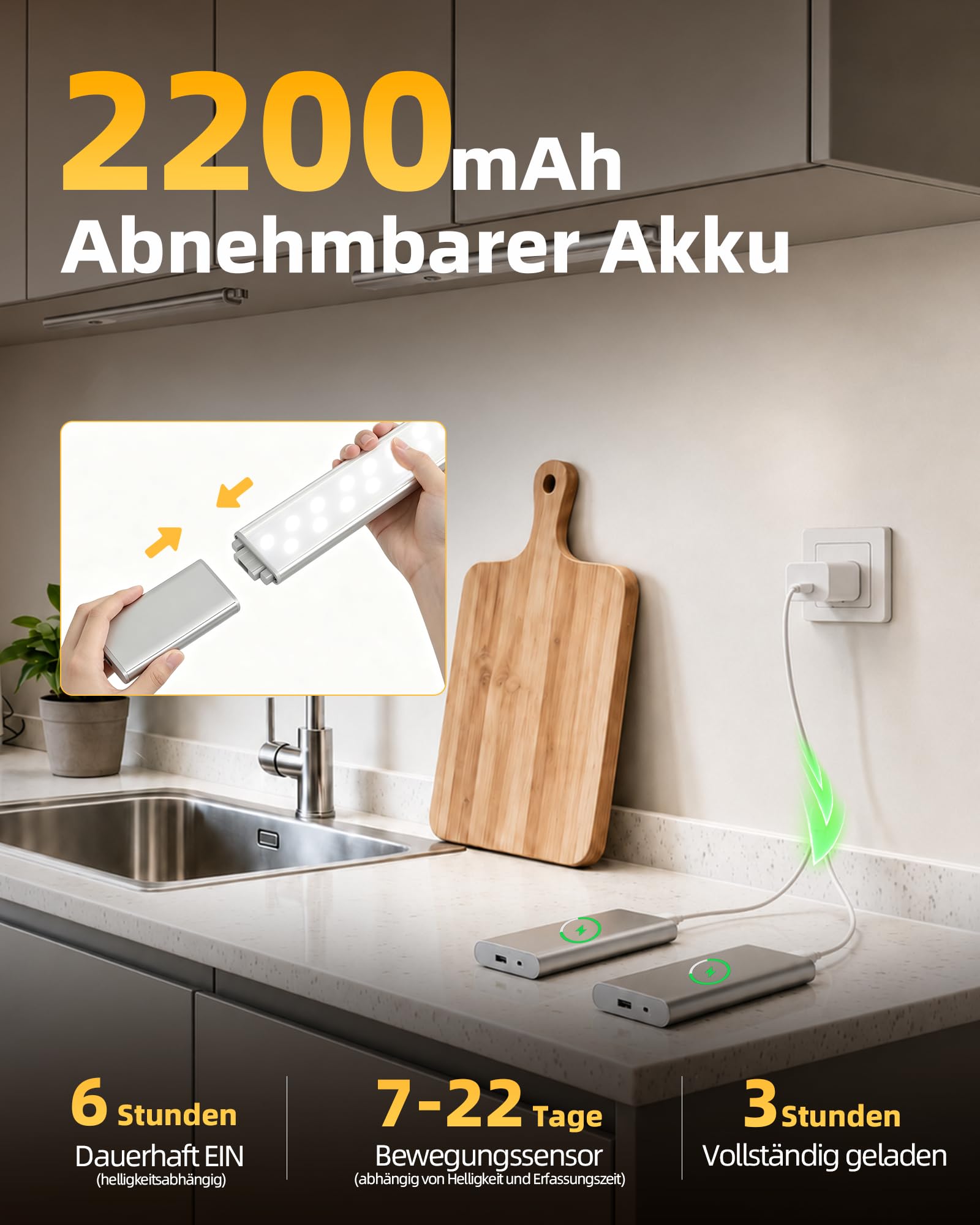 EZVALO Schrankbeleuchtung Kabellose 38cm, Abnehmbarer Akku, Touch-Dimmbar, 3 Farben Unterbauleuchte Küche LED, Magnetische Schranklicht mit Bewegungsmelder für Schrank Treppe (Silber, 2 * 38cm)