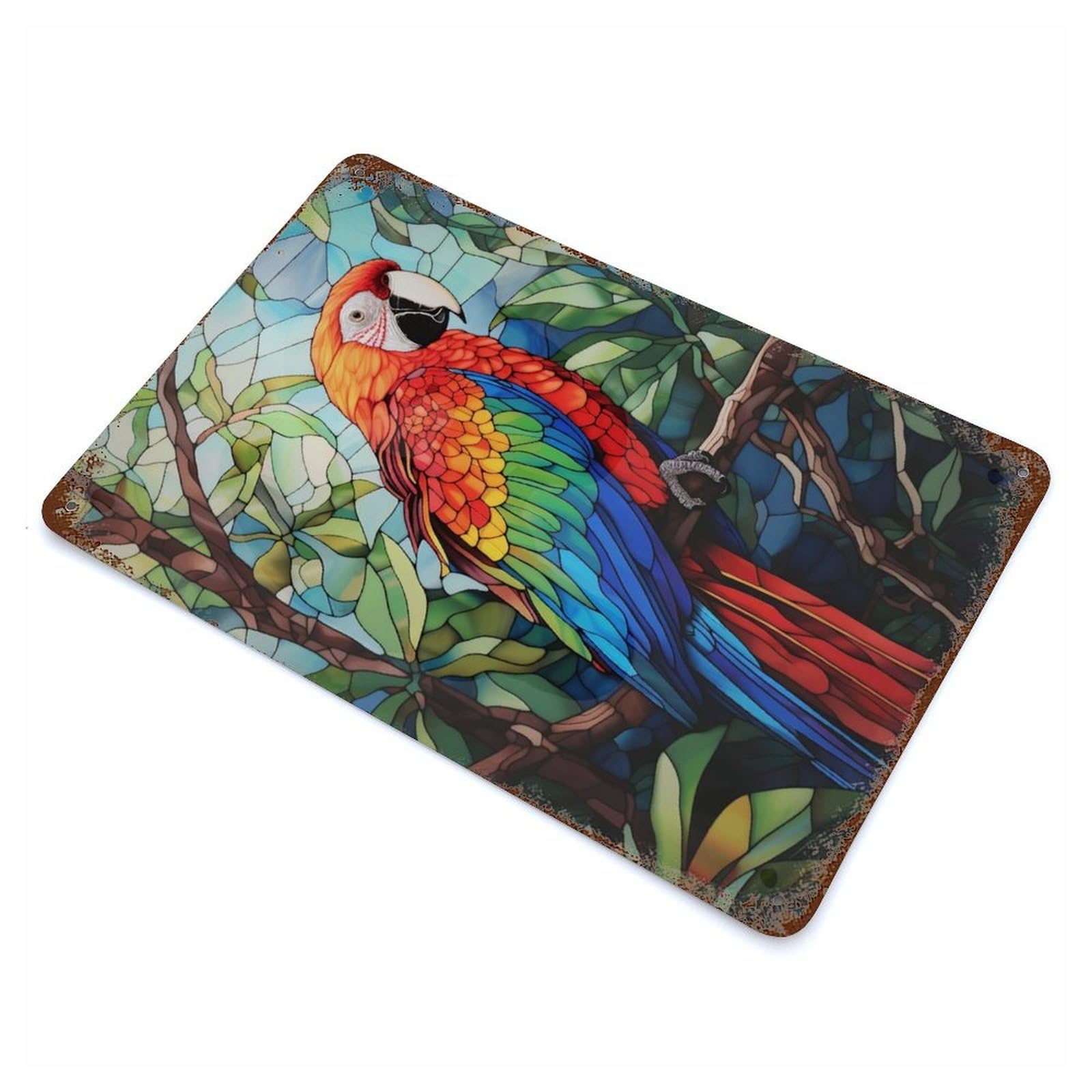 Colorful Parrot Stained Glass Style Art Rusty Metal Tin Sign 11.8"x7.9", Ideal for Farmhouse, Kitchen And Entryway Decor