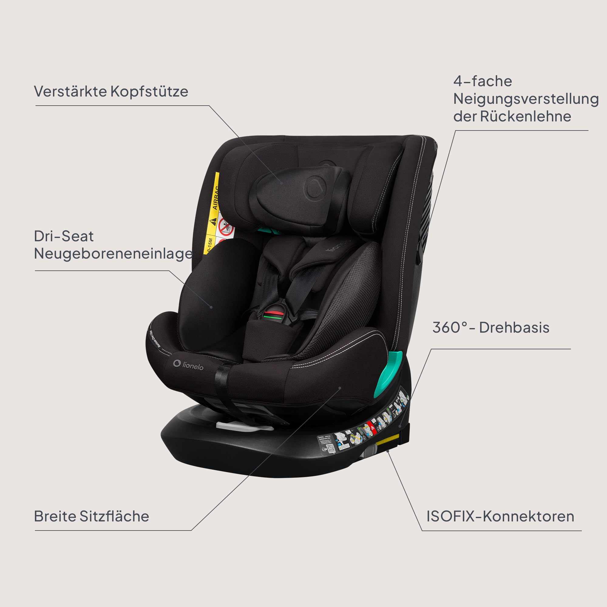 Lionelo Bastiaan i-Size One 360o drehbarer Autositz für Kinder 40-150 cm | Montage in Fahrtrichtung und entgegen der Fahrtrichtung möglich, ISOFIX Pas TopTether Einstellbare Rückenlehne
