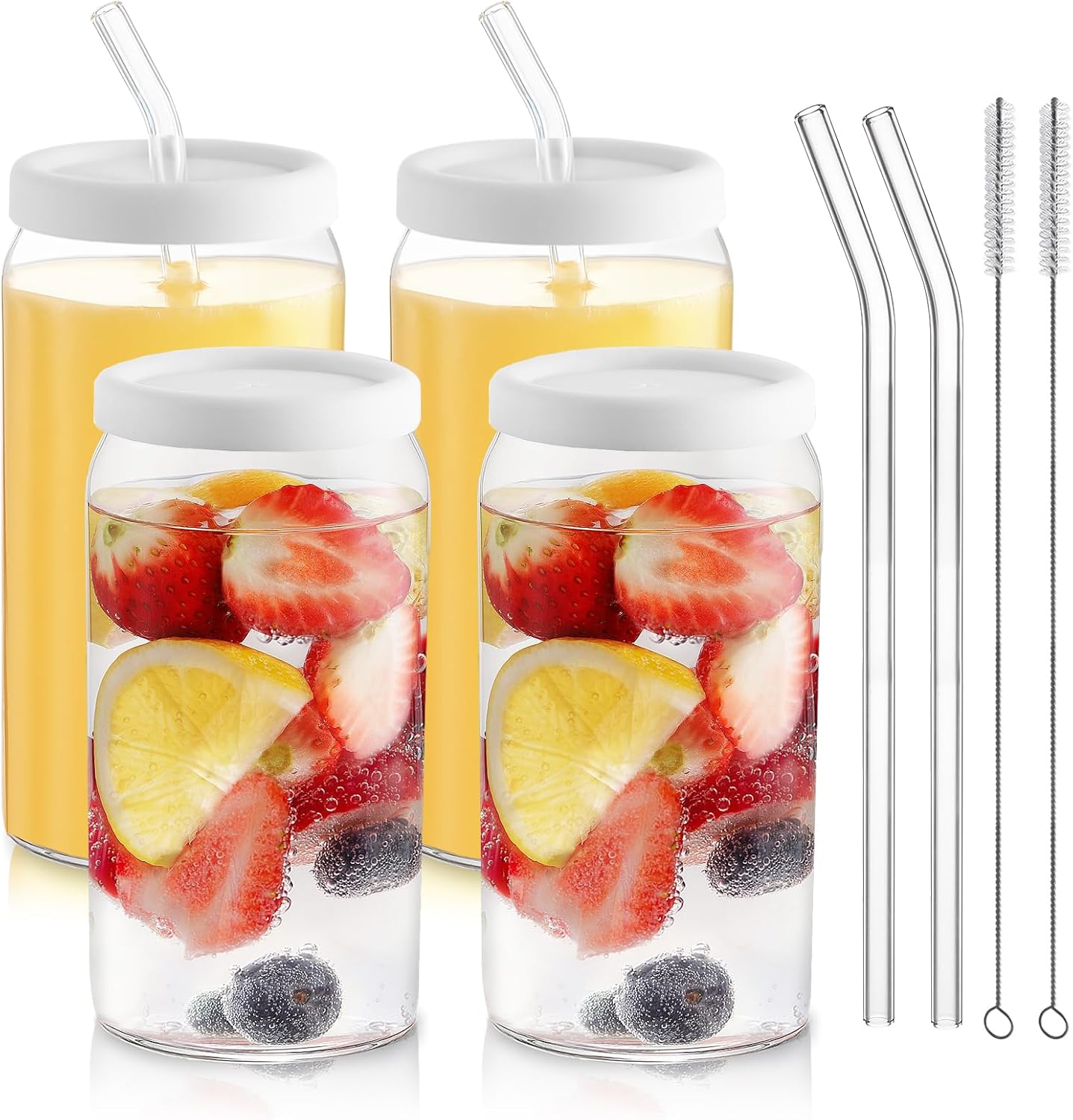 HOMBERKING Glass Cups with Silicone Lids 4pcs Set, 20oz Can