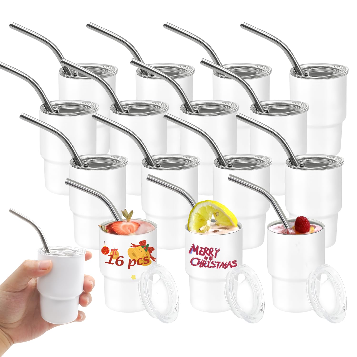 YOUKE OLA 16 Pack Sublimation Shot Glasses Tumblers Blanks Mini Wine Tumbler with Lid and Straw Stainless Steel Tumblers Cups Bulk for Sublimation Oven Printing, 3oz White