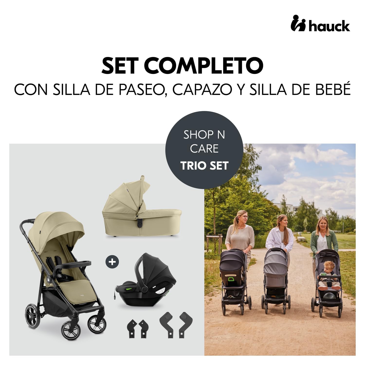 hauck Wózek dziecięcy 3-częściowy Shop N Care Trio Set - Zestaw wózka 3 w 1 z wózkiem, fotelikiem samochodowym i wózkiem spacerowym od urodzenia do 22 kg, kompaktowy, rozkładany, ochrona UV 50+