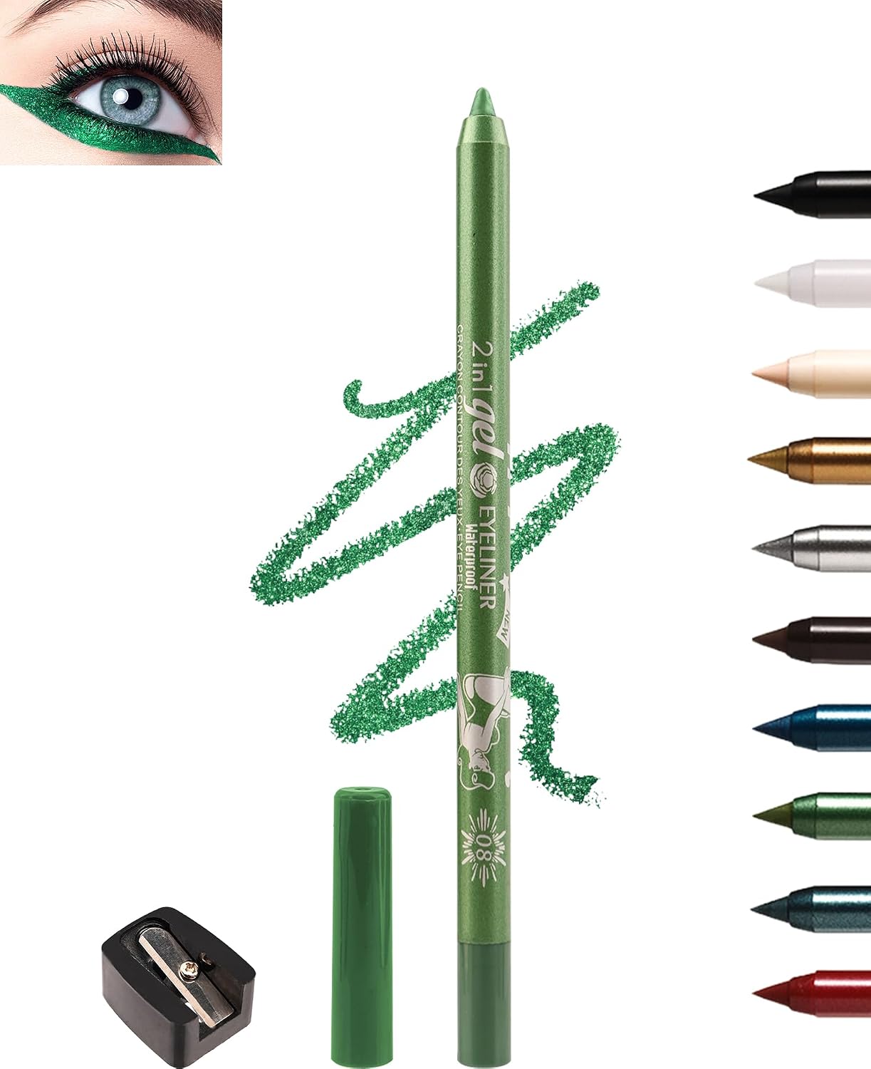 Delineador de Ojos Waterproof Brillante, Verde Colored Eyeliner Gel de Purpurina, Lápiz de Ojos a Prueba de Manchas con Sacapuntas, Muy Pigmentado Larga Duración, Maquillaje de Mujer para Escena-08