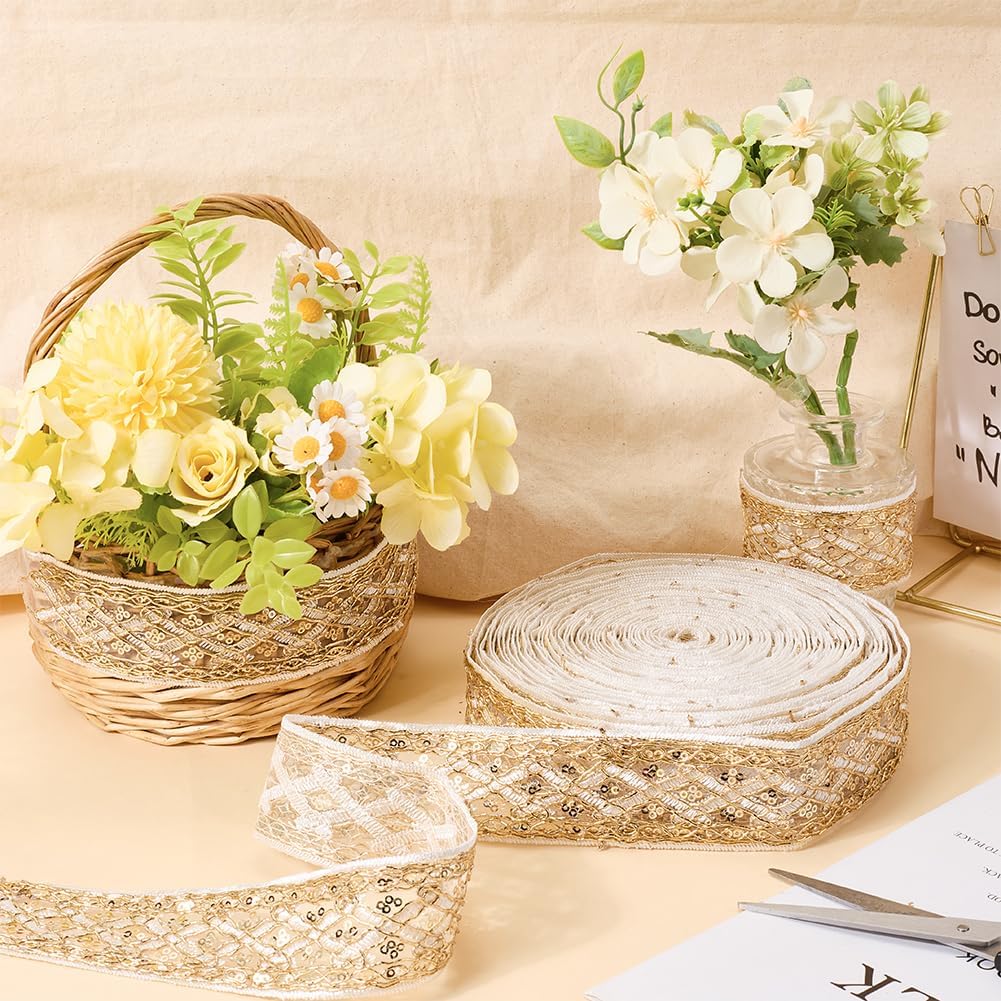 GORGECRAFT 13.7m Metallic Venice Flower Lace Ribbon 4cm Gold Sequins Lace Mesh Trim Vintage Crochet Applique Sewing Craft Supplies Embroidery Edge Trimming for Curtain Tablecloth Bridal Decor