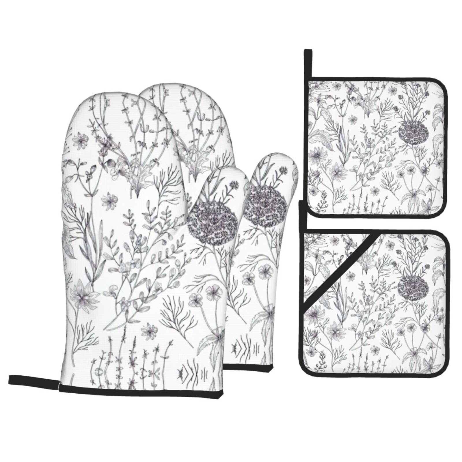 Flowering Herbs and Herbaceous Plants Print Oven Microwaving Waterproof Kitchen Gloves for Baking Grilling Holiday Cooking
