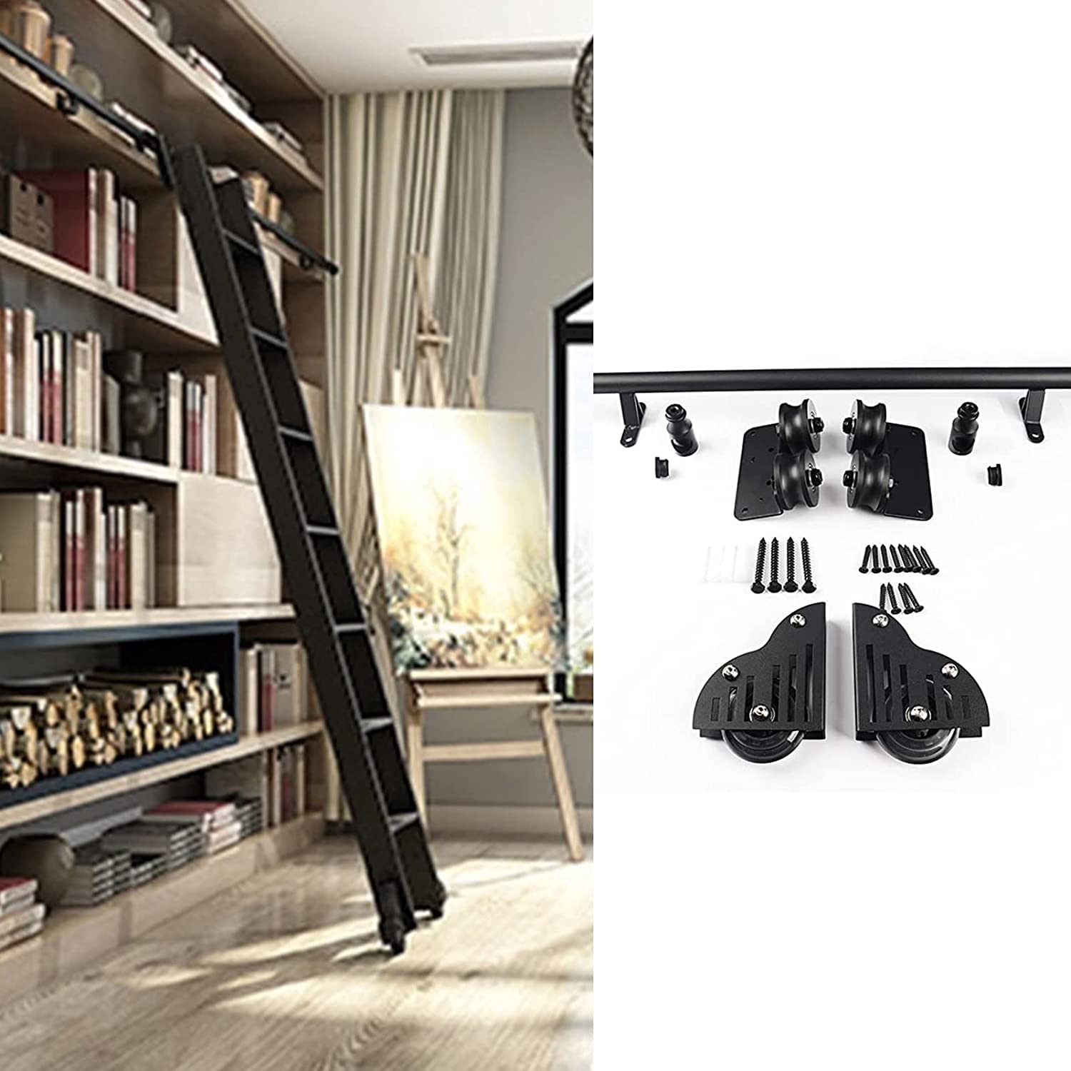 DFGHNBVC Sliding Ladder Hanger Rail Hardware Rolling Library Track Kit, Sliding Barn Door Kit 3.3Ft-20Ft, Round Tube Mobile Ladder Track For Home/Indoor/Loft,Black-20Ft/600Cm Track Kit