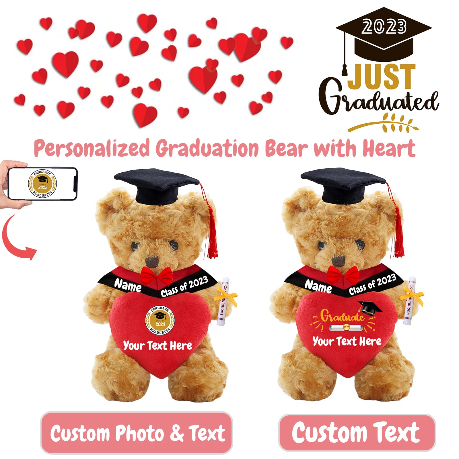 Personalisierter Graduationbär Mit Herz – 25 Cm, Mit Text & Foto, Abschlussgeschenk 2024