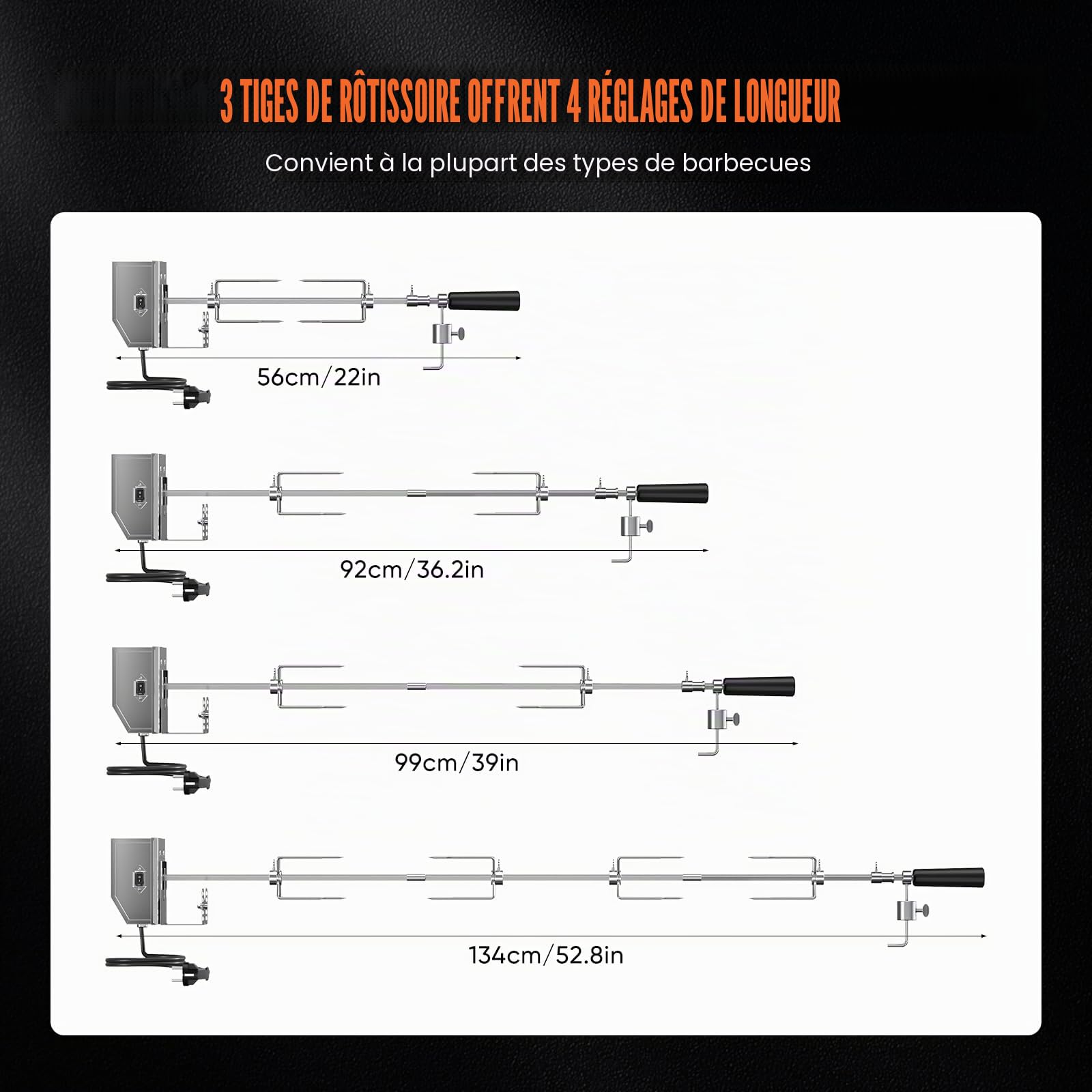 Tourne-broche électrique,tourne-broche automatique à 360°avec moteur 120V 4W, tige de broche de 34 à 42cm,4 fourchettes à viande, supports complets et vis de fixation pour barbecues de jardin