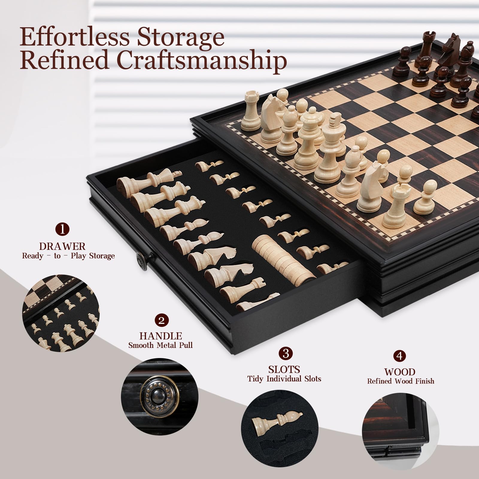 Sihaiyuan Wooden Chess Set Magnetic, 2-in-1 Chess Board Game 32cm, Solid Wood Drawer-Style Chess Board - Image 2
