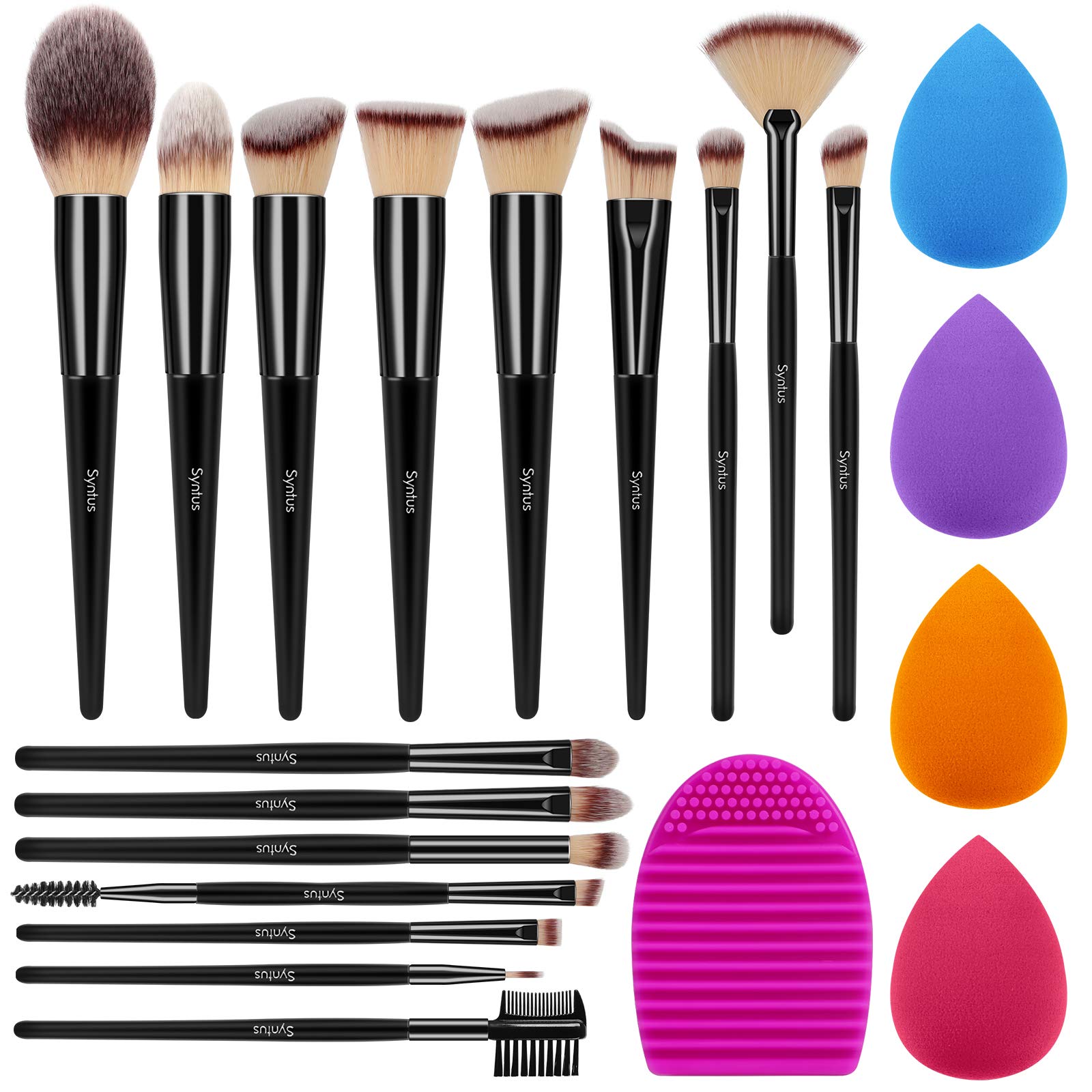 Syntus Makeup Brush Set, 16 Makeup Brushes & 4 Blender Sponges & 1 Brush Cleaner Premium Synthetic Foundation Powder Kabuki Blush Concealer Eye Shadow Makeup Brush Kit, Pure Black