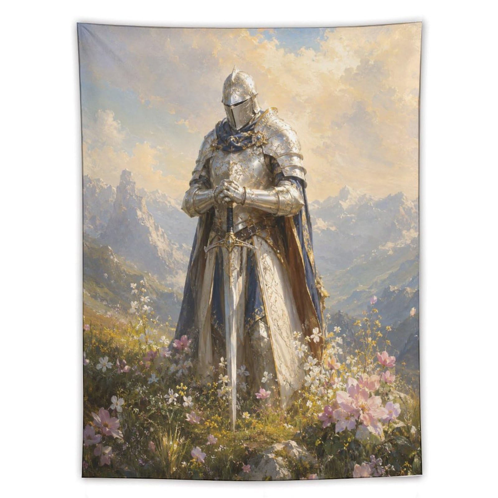 H3B8U2Y5 Medieval Knight Floral Mountain Wall Tapestry, Heroic Armor