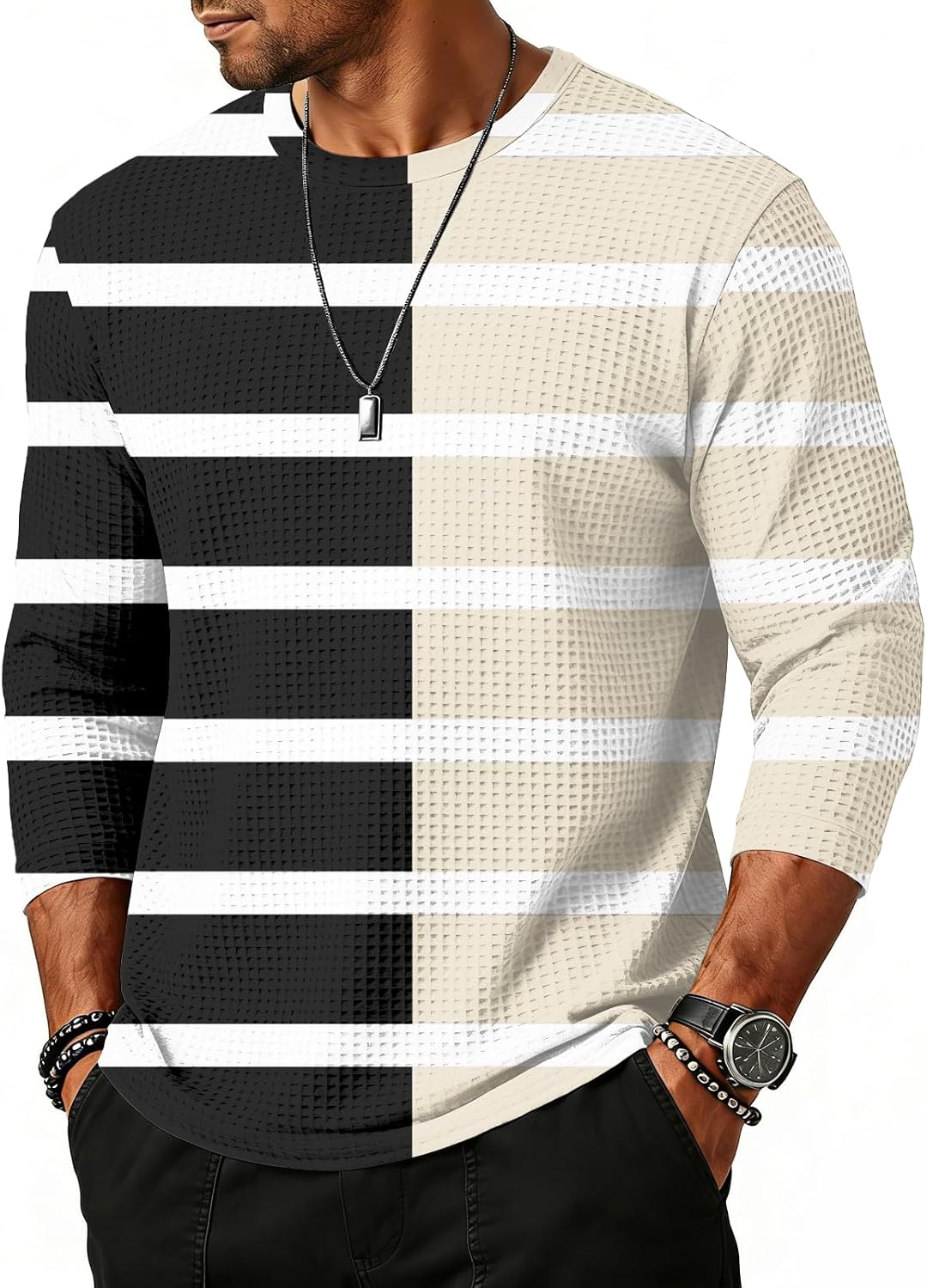 WENKOMG1 Men's Striped Print Tee Shirt 3/4 Sleeve Athletic Workout Active T Shirts, S-2XL