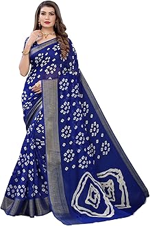 Satrani Women's Bandhani Printed Jari Patta Poly Cotton Saree With Blouse Piece
